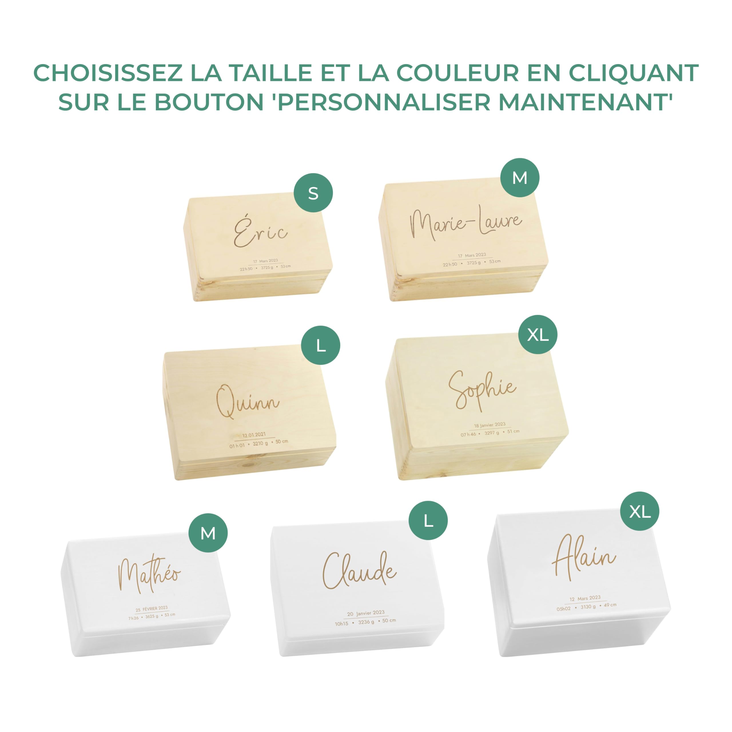 LAUBLUST Boîte à souvenirs bébé personnalisée - Cadeau de naissance avec prénom | Sarre, tailles S, M, L, XL - Boîte à souvenirs pour filles & garçons | Boîte en bois naturel ou blanc, FSC®