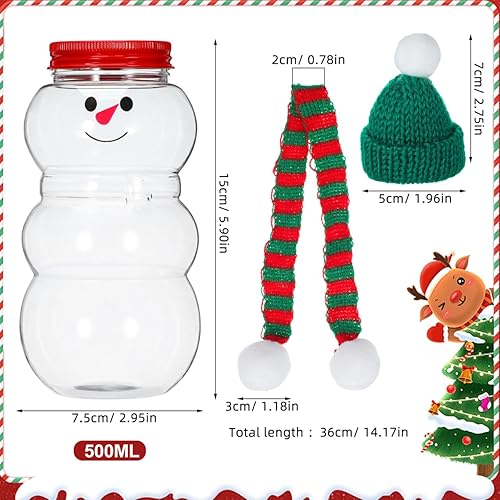 Miniatura 5 de PRETYZOOM 10 juegos de botellas de jugo de muñeco de nieve con tapa, tarro de plástico transparente de Navidad con bufandas de punto, sombreros