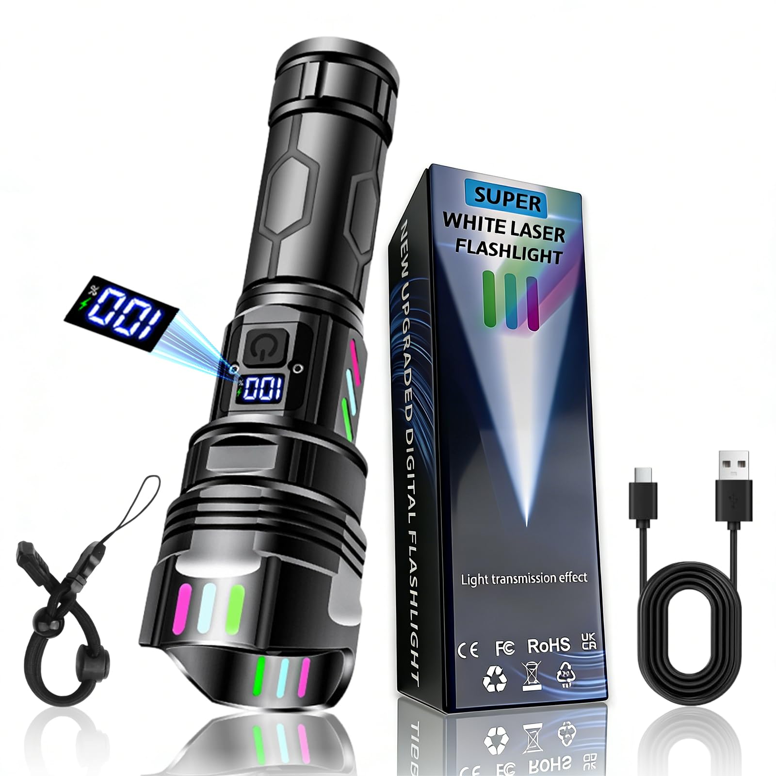 CoolQi LED Torch Rechargeable Super Bright 500000 Lumen with LCD Power Display - 5000mAh Battery,Waterproof & Powerful Flashlight Long Distance Zoomable, 5 Modes with Lanyard for Camping, Emergency
