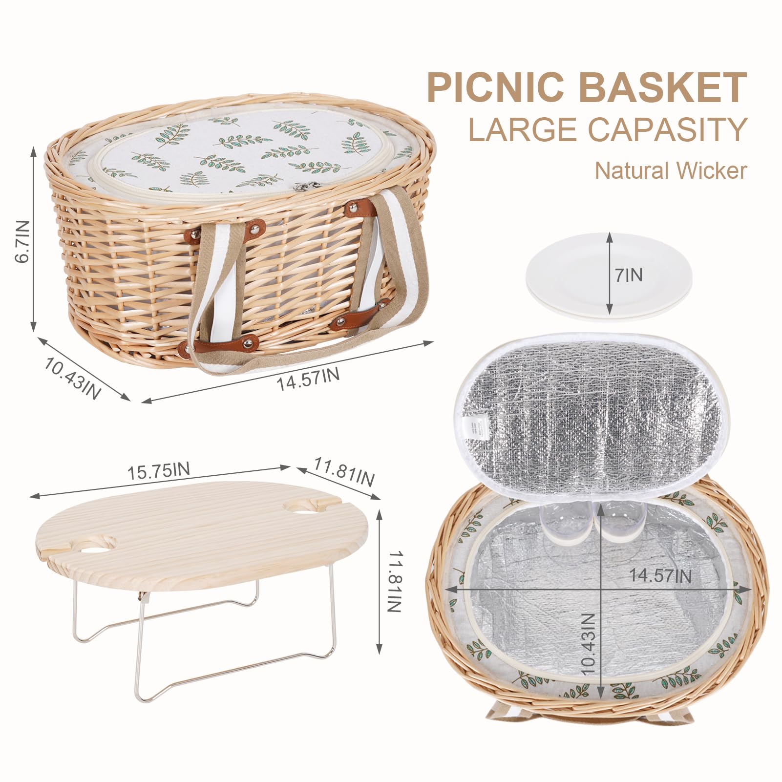 Juego de cesta de picnic para 2 - Cesta de picnic aislada de mimbre con manta impermeable, mesa de picnic plegable para vino y juegos de cubiertos, juego de cestas de picnic para acampar, al
