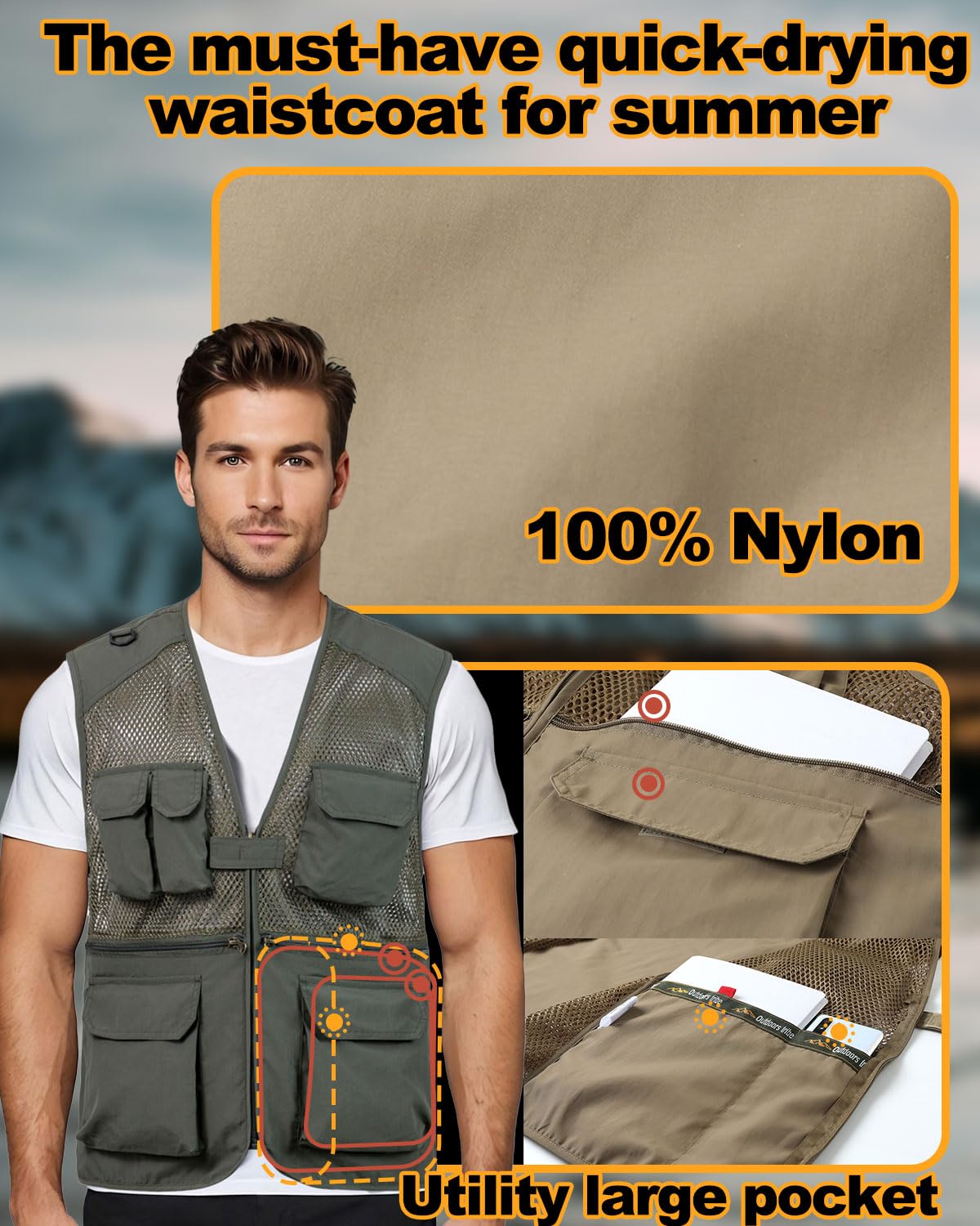 Homme Gilet de Pêche Veste Légère Sans Manches en Maille avec Multi-Poches Séchage Rapide Gilet pour Photographie en Plein Air Randonnée Escalade
