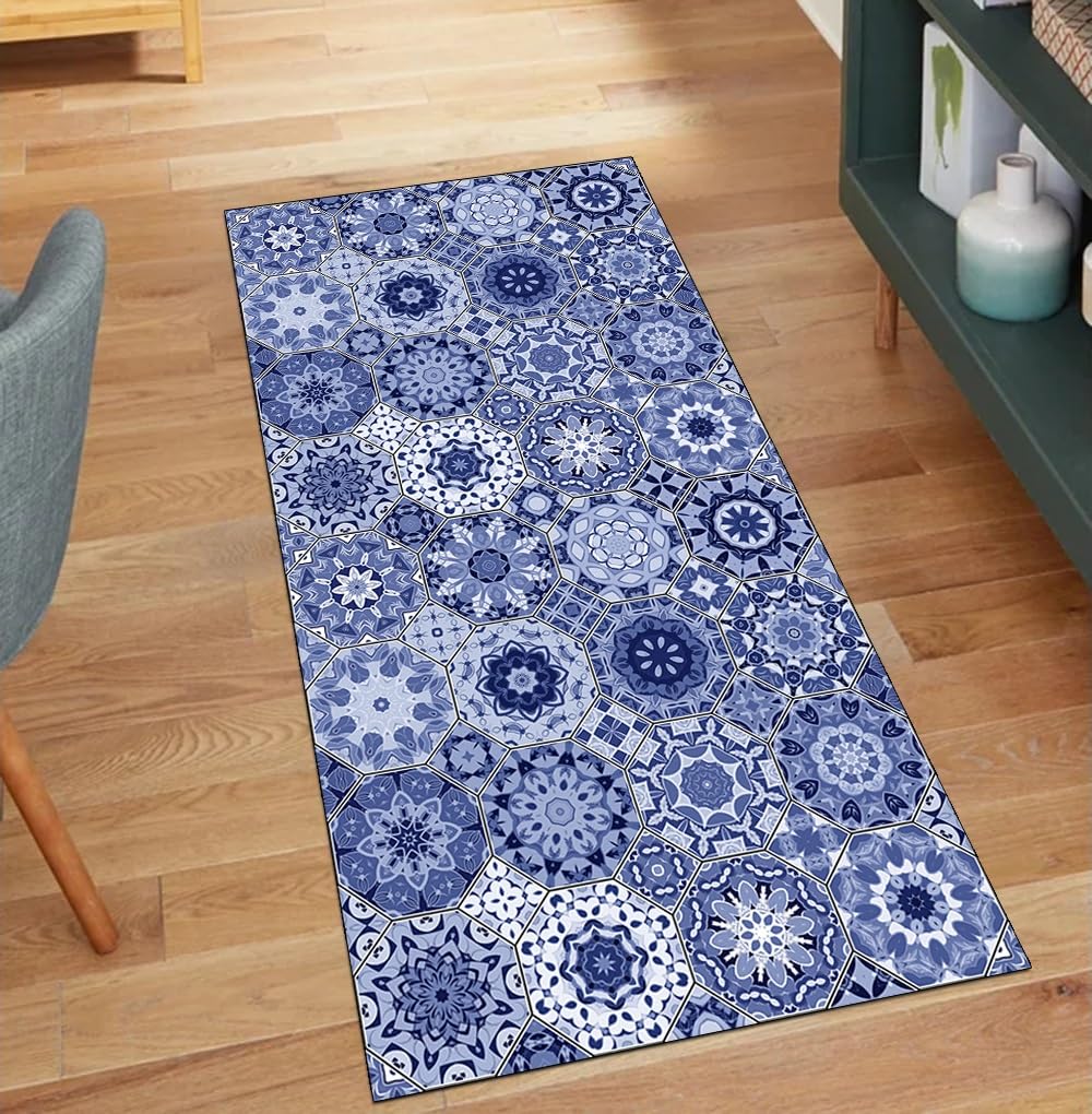 Tapis de couloir bleu style bohème lavable et antidérapant 110x750 cm