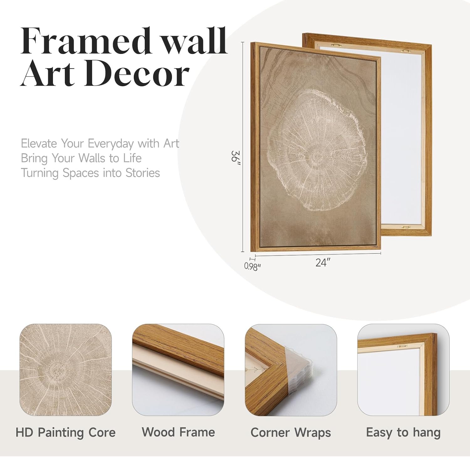 3 Piece Framed Neutral Tree Ring Wall Art for Living Room, Large Vintage Nature Wood Stump Canvas Artwork for Walls, Modern Farmhouse Paintings Prints for Bedroom Dining Room Wall Decor 24x36 Inch