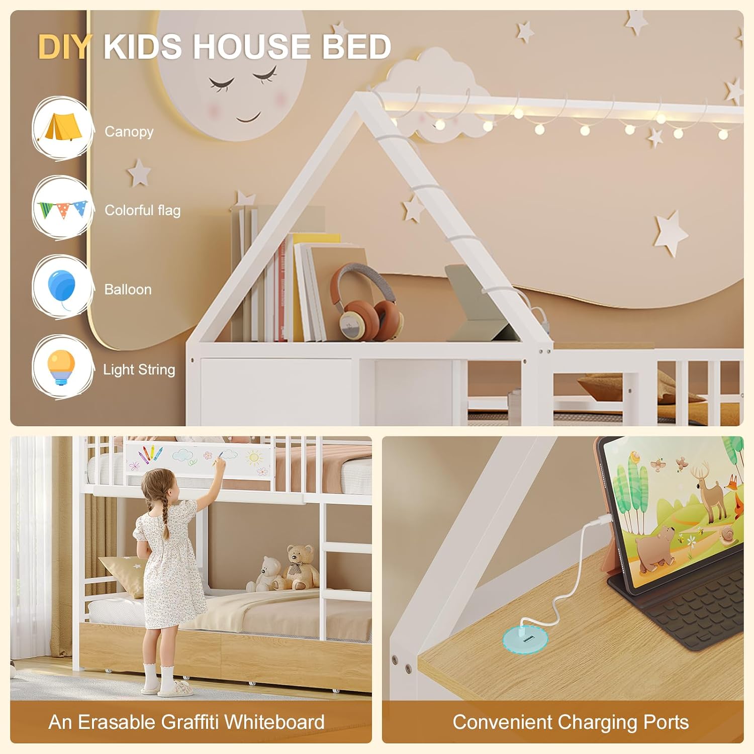 DICTAC Bunk Bed Twin Over Twin with Storage Drawers and Globe String Lights House Shaped Low Bunk Bed with Montessori Bookshelves Metal bunk Beds for Kids with Ladder and Guardrail,Space Saving,White