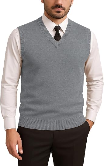 Mens V-Neck Sleeveless Sweater Vest Solid Black Knit Vest for Men, Classic Pullover Style, Mens Sweater Vest