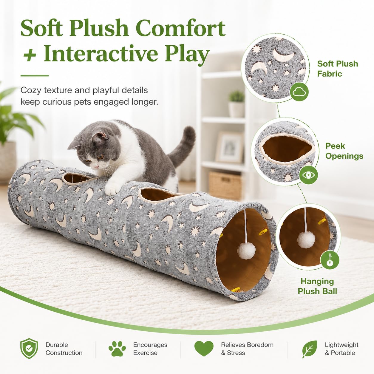 Tubo de túnel de gato con bola de peluche, plegable, fotoluminiscencia luminosa, para mascotas pequeñas, conejos, gatitos, hurones, cachorros y perros, estrella de luna gris