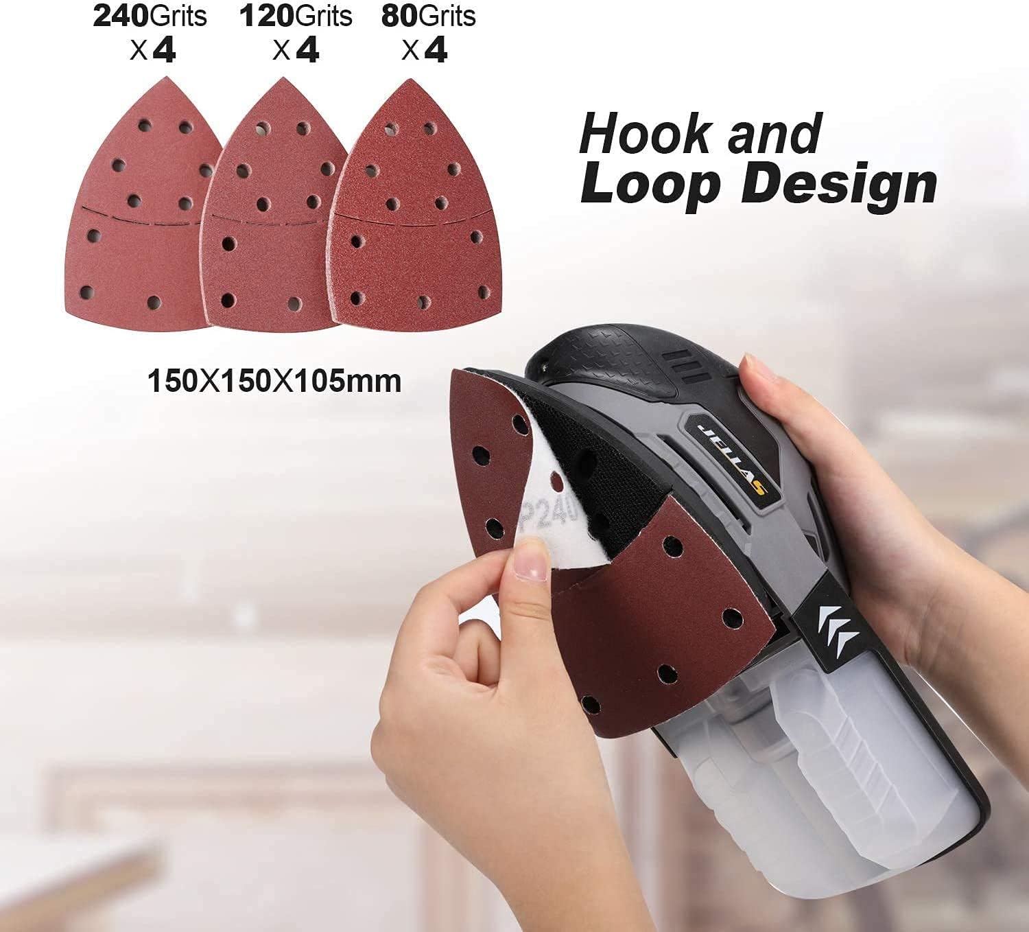 JELLAS Detail Mouse Sander, Compact Electric Sander for Wood, 13,000 RPM Sanders, 2 Amp Hand Sander with 12PCS Standard Sandpapers, Sanding Pads Included, MS220-SD - - 