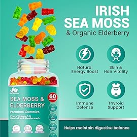 BIO VITALICA Sea Moss Gummies Elderberry BioVitalica - Vitamin C D + Zinc - Irish Seamoss Vegan Gummy with Sea Moss Gel & Powder for Immunity, Detox - for Adults and Kids (5Packs)