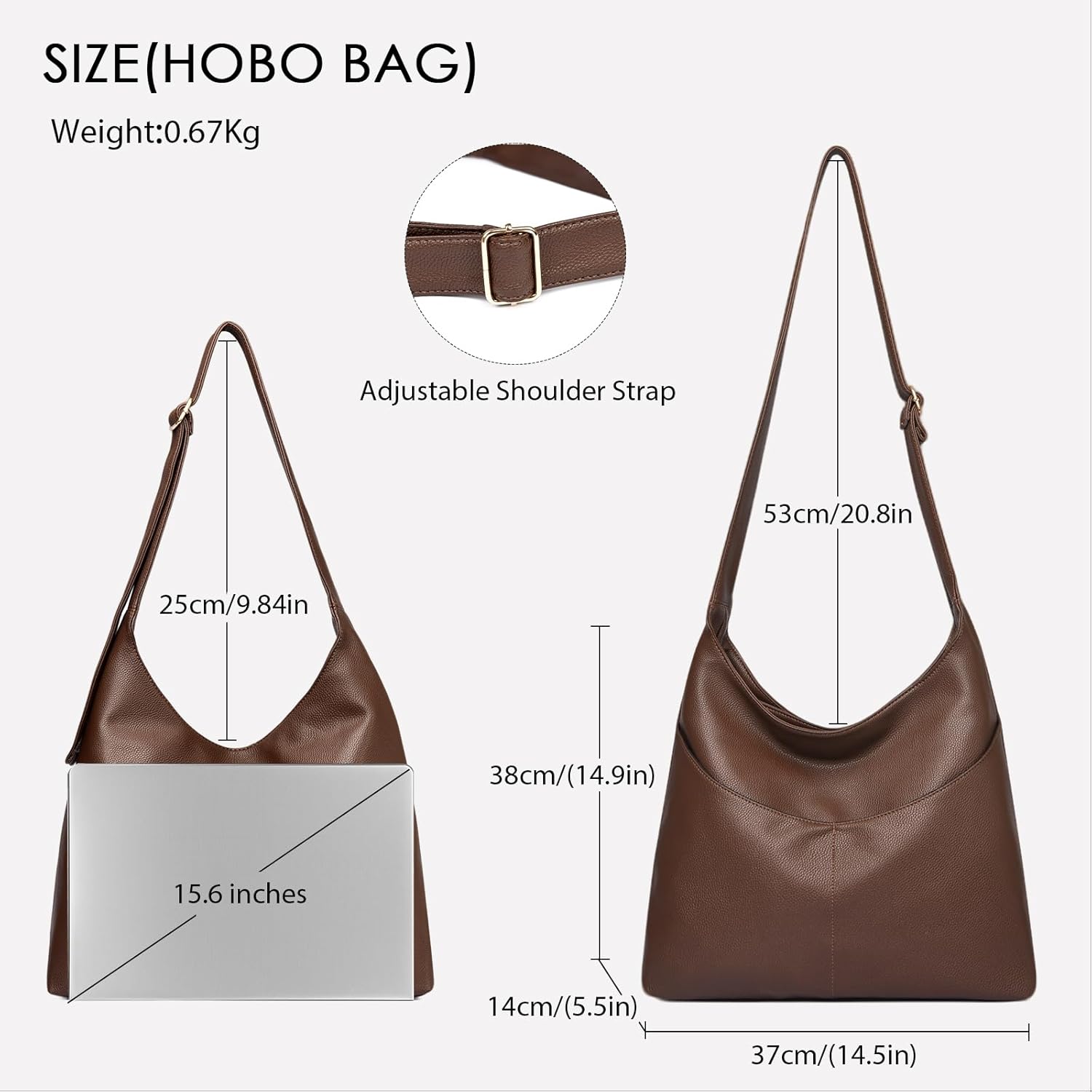 MYHOZEE Hobo Bags for Women: Large Slouchy Shoulder Bag Vegan Leather Adjustable Crossbody Tote Purse for Work Travel Daily | Soft Vegan Leather, Adjustable Strap, Zipper Closure, Front Pockets, Cross Body/Shoulder, Fits A4 15in laptop