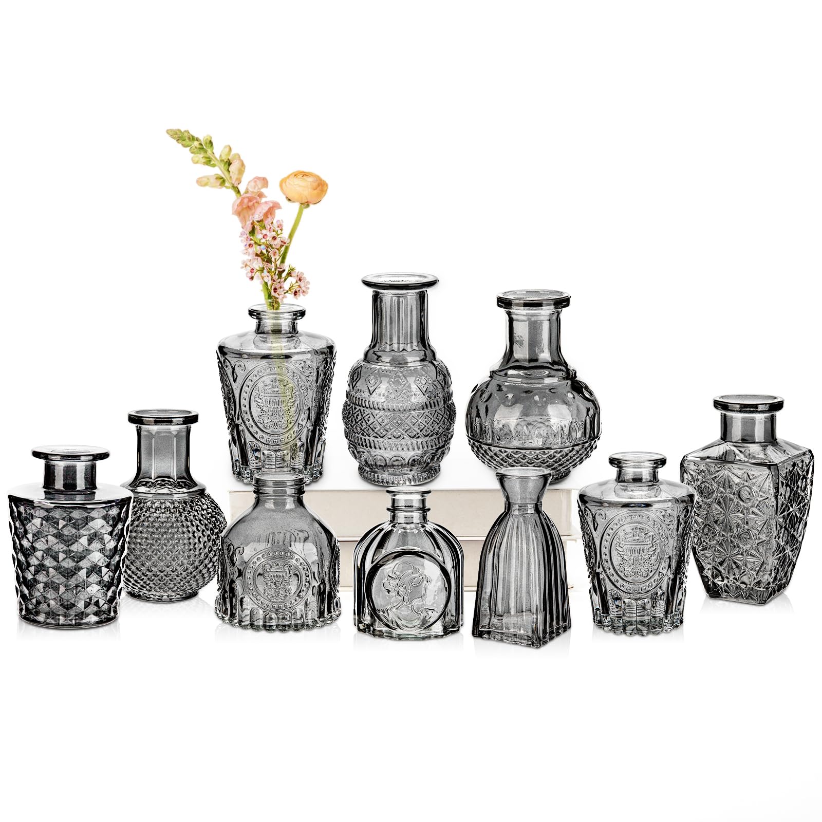 Oairse Grey Glass Bud Vase Set of 10 Clear Mini Vintage Bottles for Floral Arrangements, Decorative Embossed Small Vases for Wedding Centerpieces, Table Decoration, Party, Home Room Decor