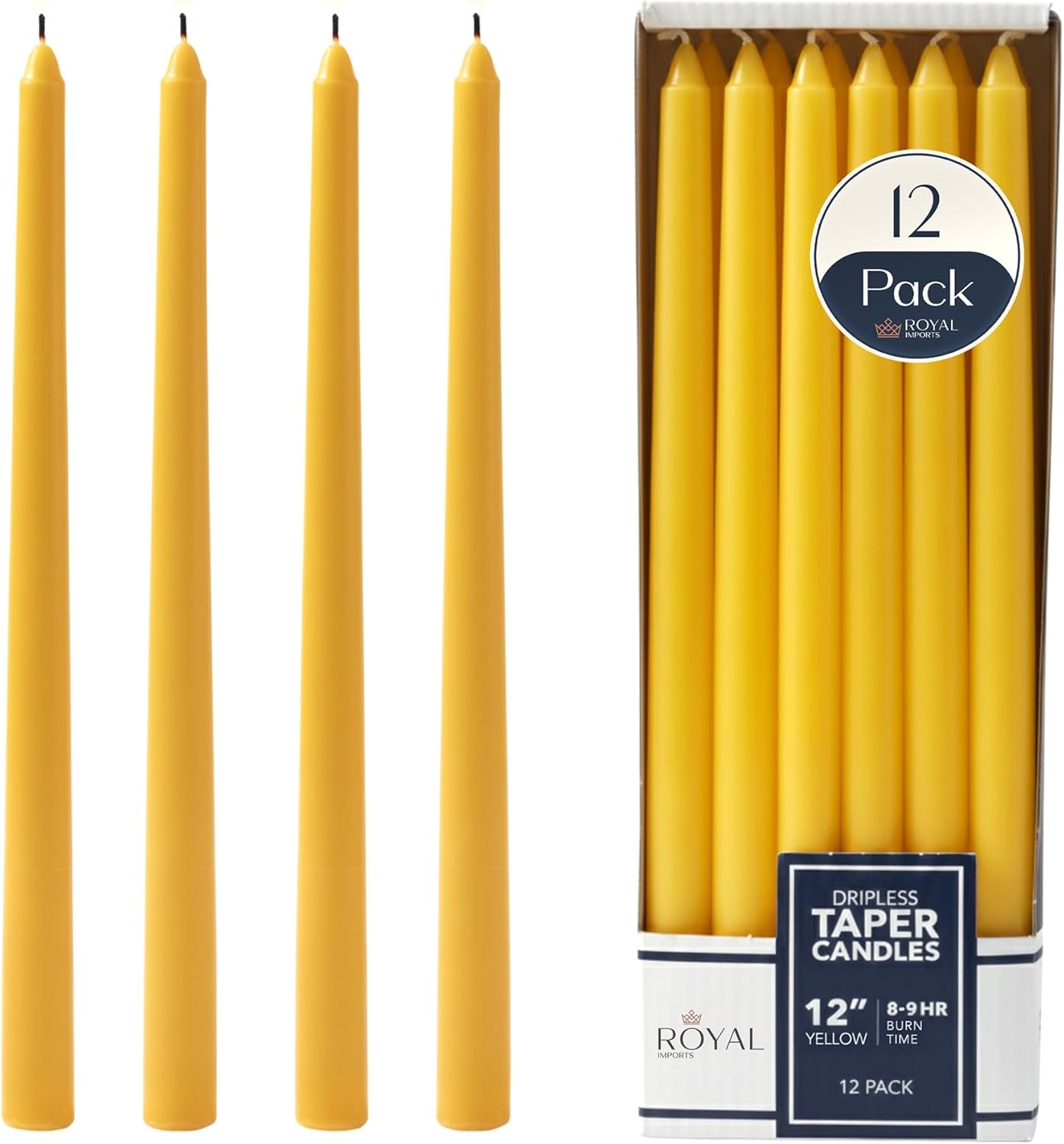 Royal Imports Unscented Taper Candles, Tall Elegant Premium, Dripless & Smokeless, Hand-Dipped for Wedding, Christmas, Holiday, Home Decor - 9 Hour Burn Time - Set of 12 (12 Inch, Yellow)