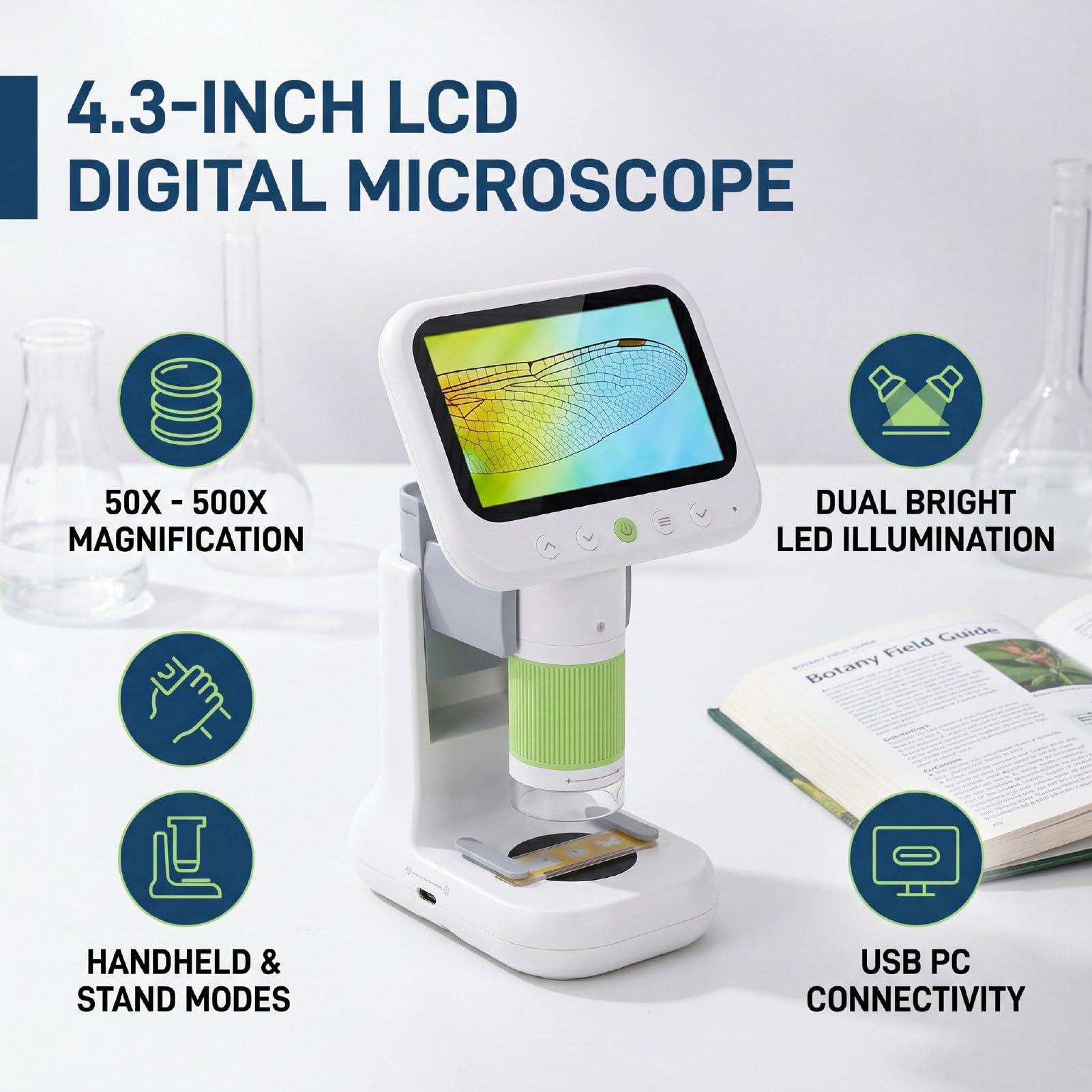 Jectse Digitales Mikroskop, Hand-USB-Mikroskop, 2-in-1-, 50- Bis 500-fache Vergrößerung, 4,3-Zoll-1080P-LCD-Dual-LED-Licht mit 5 Objektträgern, 8-GB-Karte für Studenten und