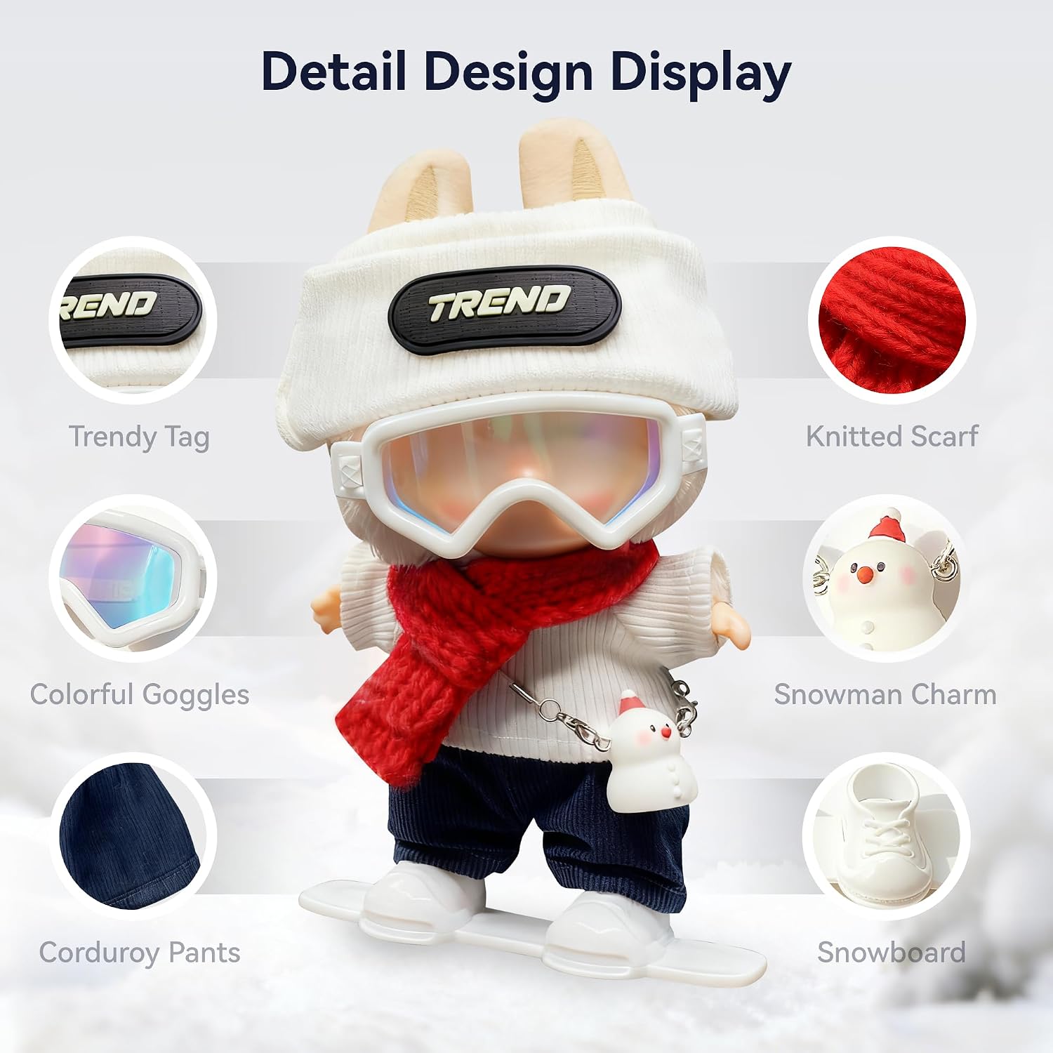 Doll Clothes for 18cm Dolls, Winter Ski Style,Set with Trend Beanie, Red Scarf, Goggles, Snowman Charm & Mini Snowboard – Cute Collectible Dolls Outfits image 2