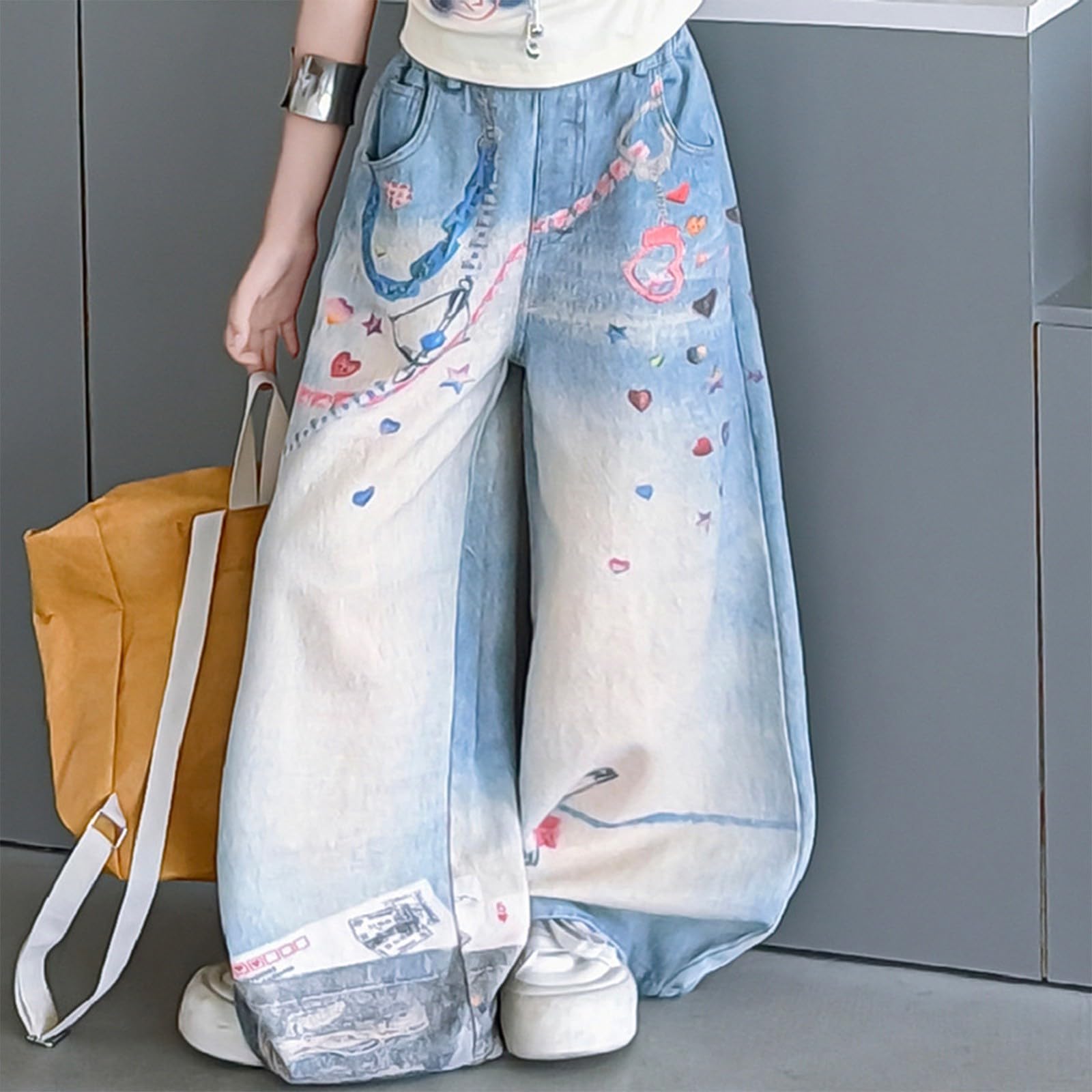 Generisch Mädchen Jeanshose Modische Bedruckte Jeans Beiläufige Lange Hosen Print Straight Lockere Passform Pants Freizeithose Y2K Streetstyle Streetwear Denimhose