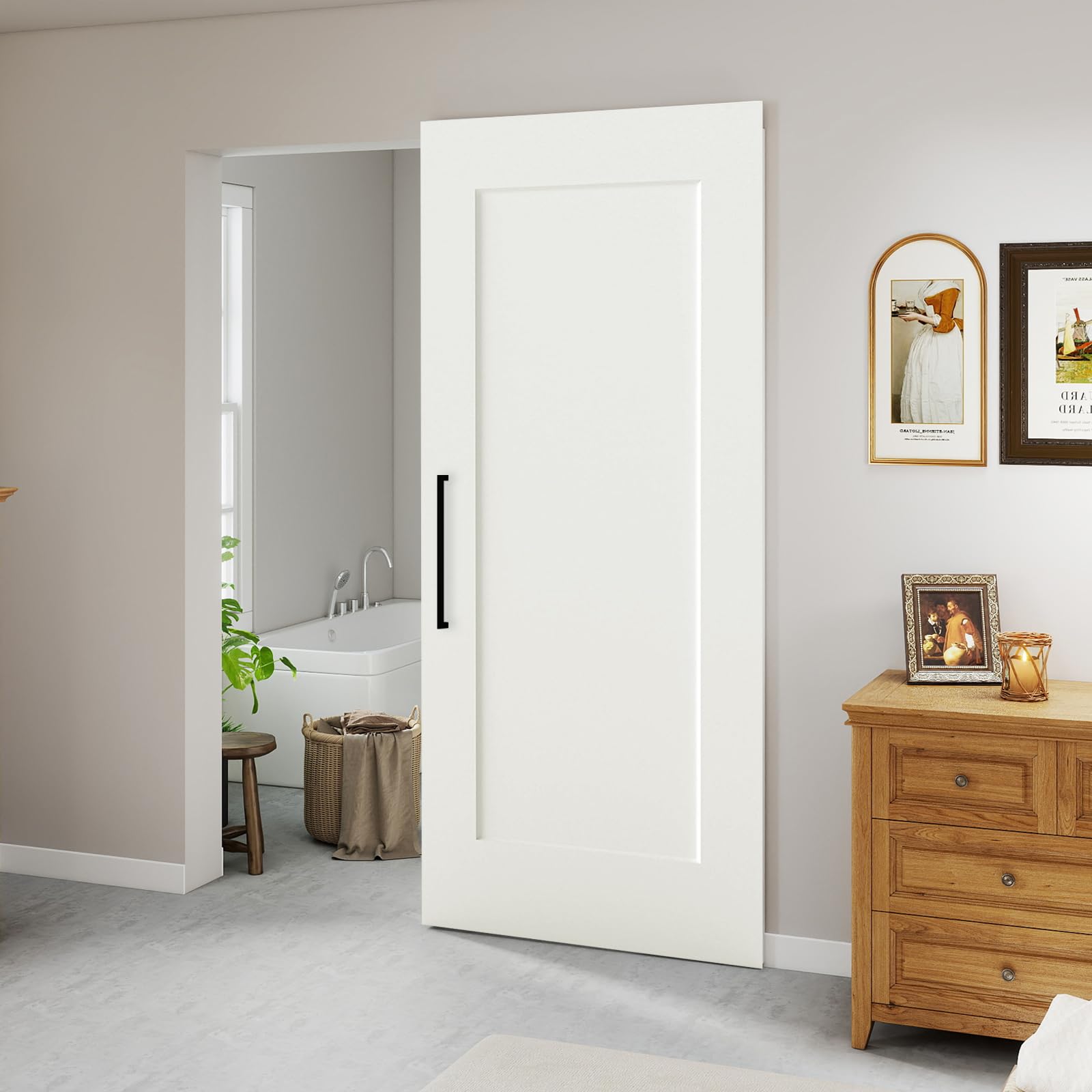 barnsmith 36"x84" concealed sliding barn door, shaker style flat 1 panel white primed solid core hidden barn door with soft close installation hardware and handles included, pre-assembled panel