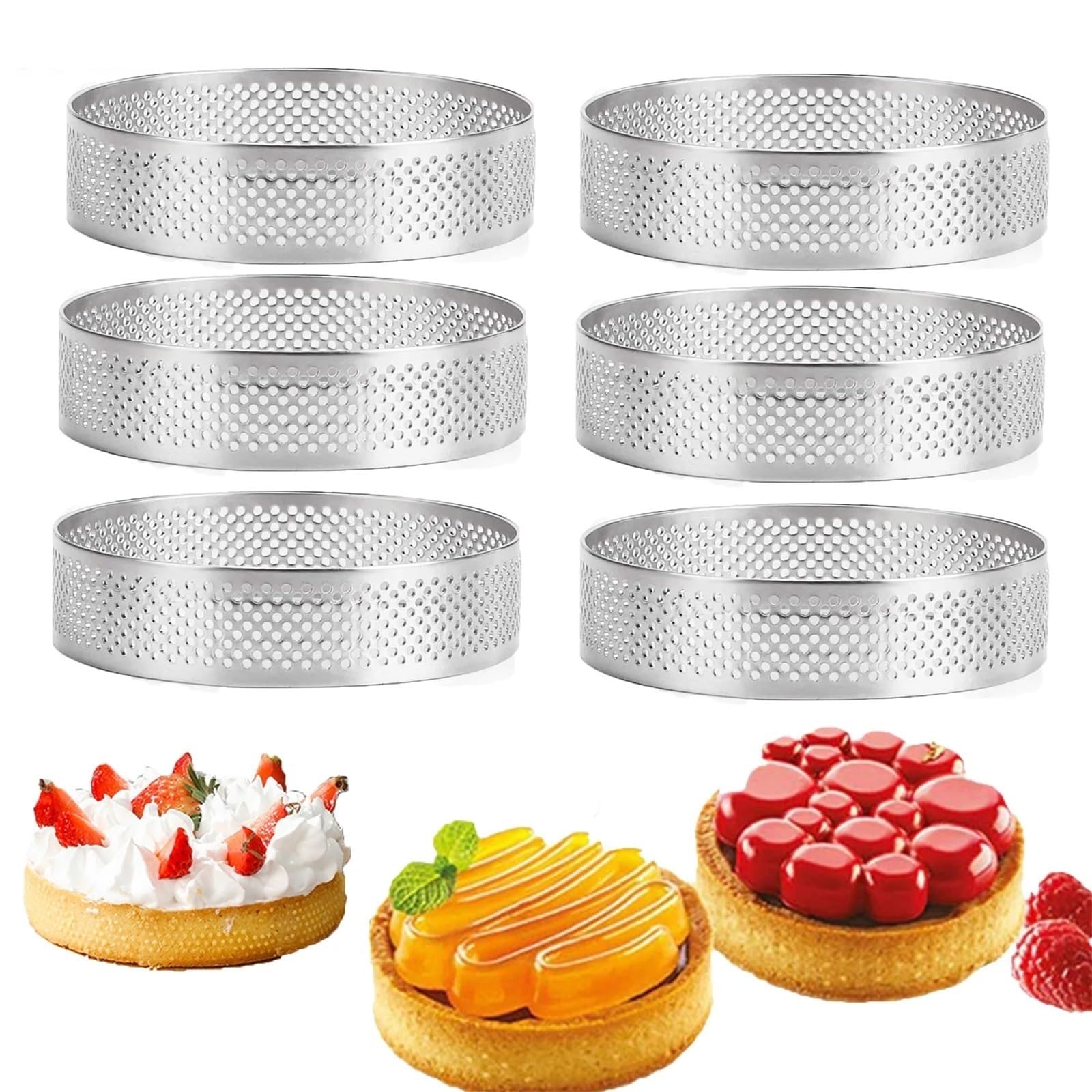 Anillos Para Tartas Anillo redondo perforado for tarta, molde for Tartas de fruta de acero inoxidable for hornear postres, moldes for pasteles y Mousse, herramientas de cocina Para Postre，Tartas(4PCS