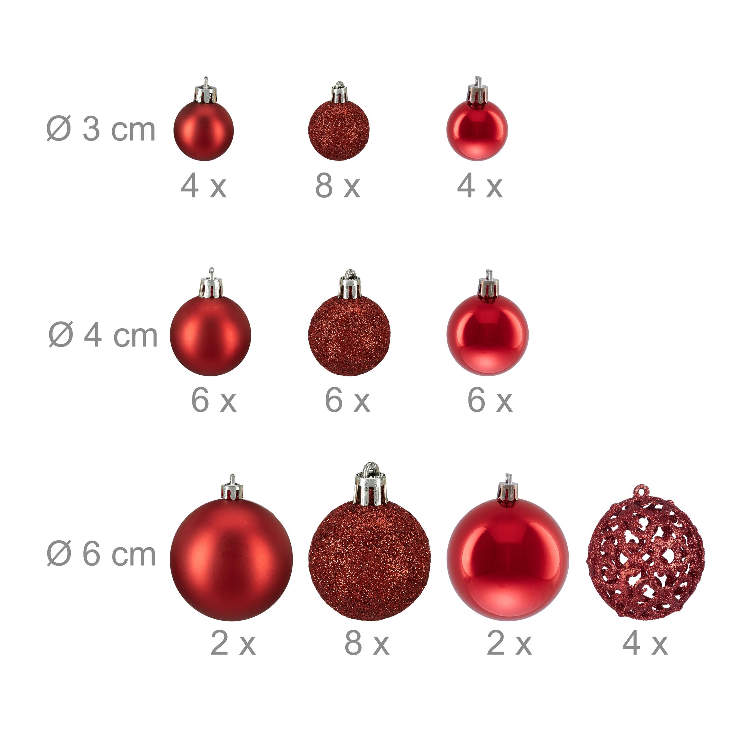Relaxdays Christmas Bauble Set of 50, Glittery, Matt & Shiny Ornaments, Plastic Xmas Tree Balls, diameter : 3, 4 & 6 cm, Red - Image 4