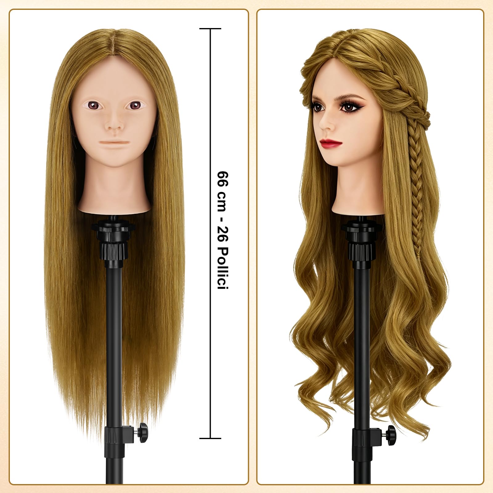 TwoWin Testa Parrucchiere 26 Pollici 66 cm Capelli Veri 80% Marrone dorato