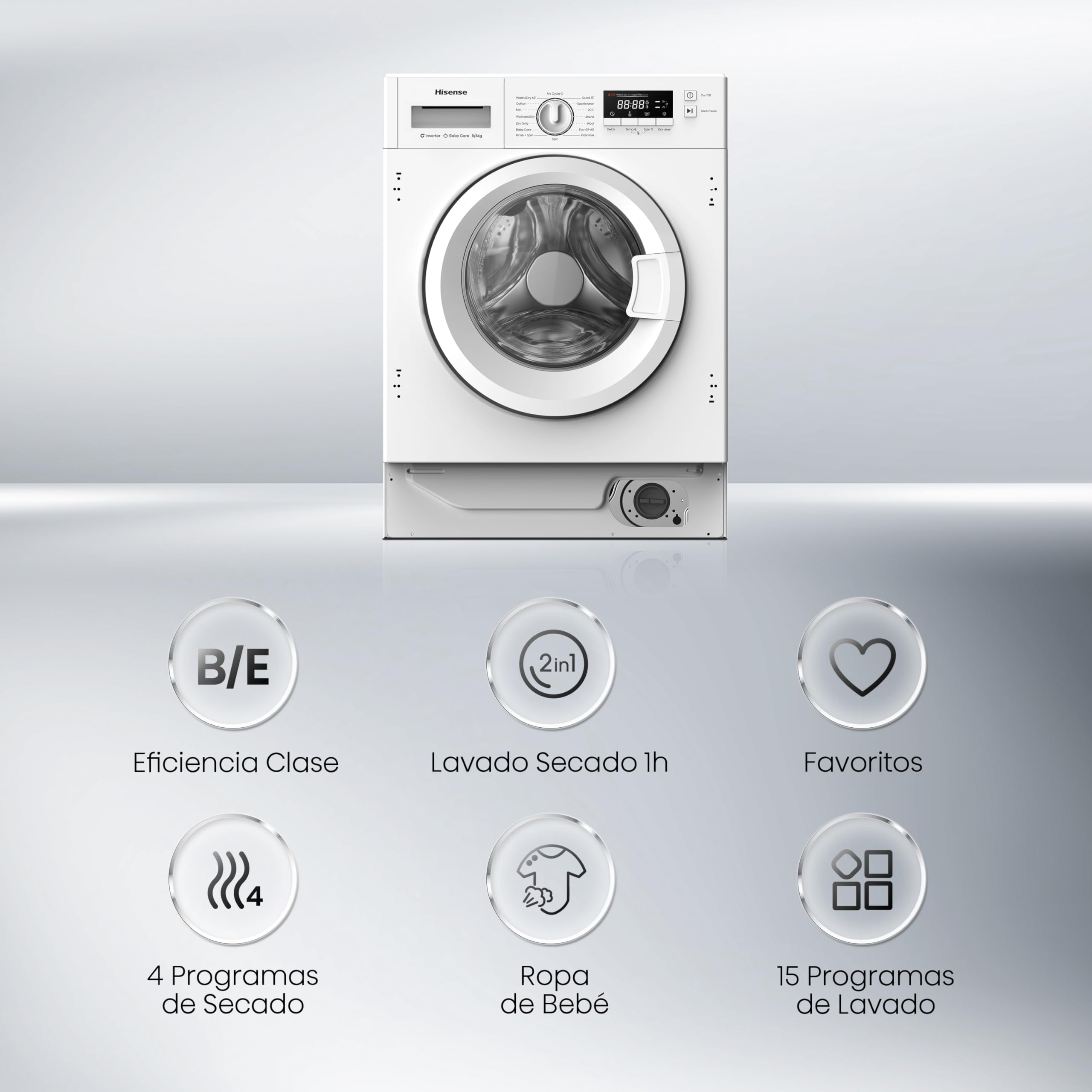 Hisense WD3M841BWIES - Lavasecadora, Clase E/B, 8kg/6 kg, Lavado Secado 1h, Pausar y Añadir, Finalización Diferida, Tecnología Inverter, Blanco