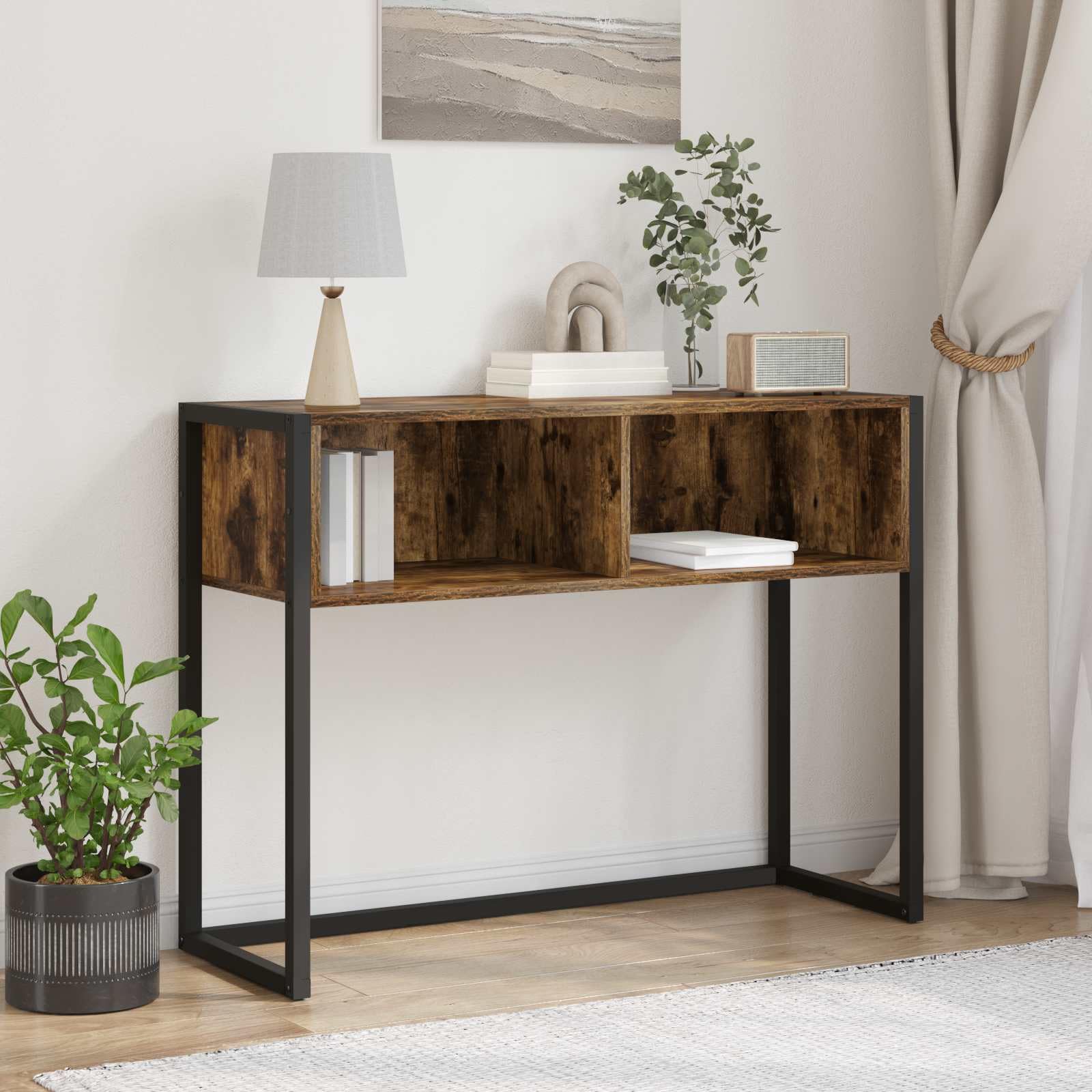 SXZenSpace Industrial End Table Smoke Oak 100x36x75 cm, Engineered Wood & Steel, Sturdy Small Coffee for Living Room Hallway Bedroom