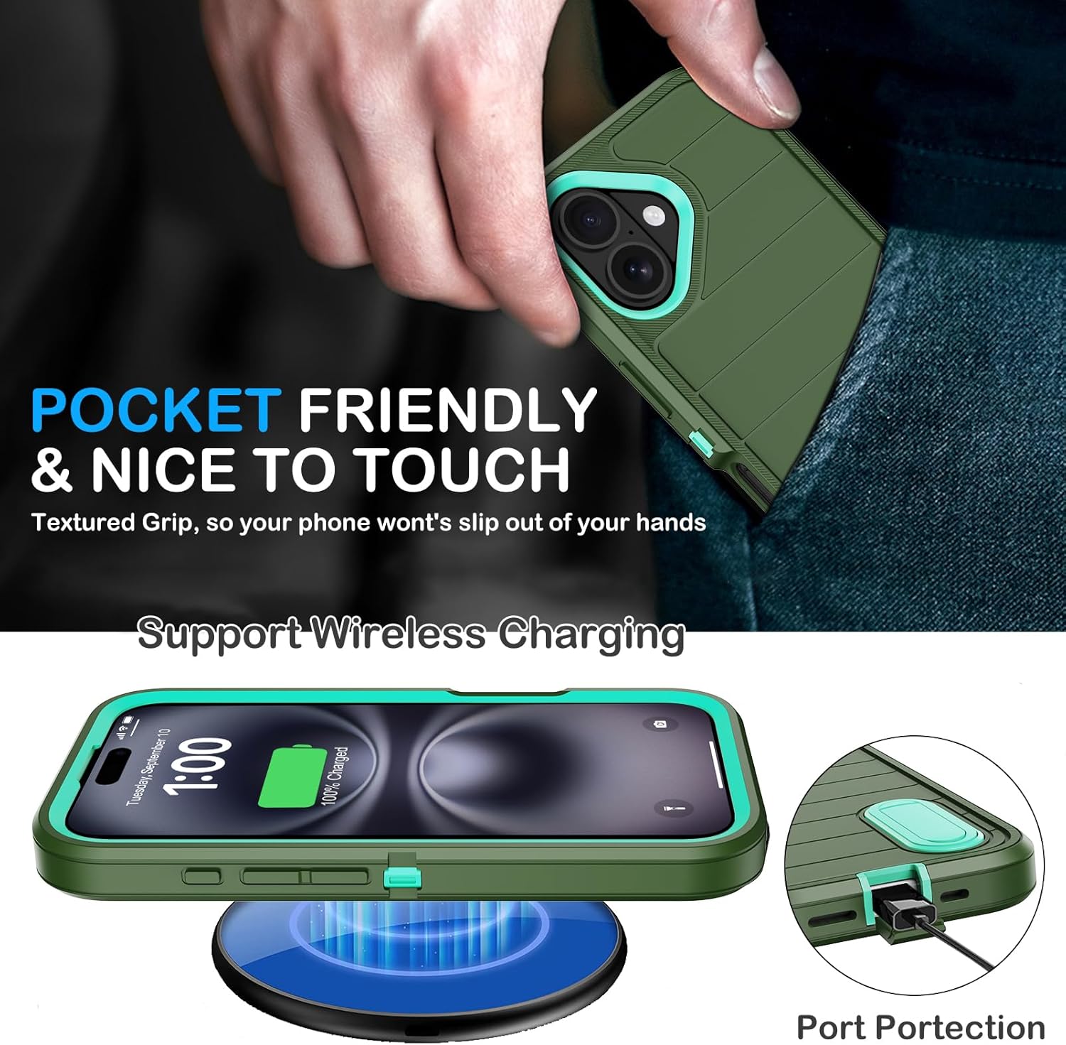 for iPhone 16 Plus Case with Screen Protector,Built-in Invisible Kickstand,Heavy Duty Shockproof Drop Protection Military Grade Tri-Layer Rugged Durable Cell Phone Cover for Apple 16 Plus 6.7"(Green) - Image 6