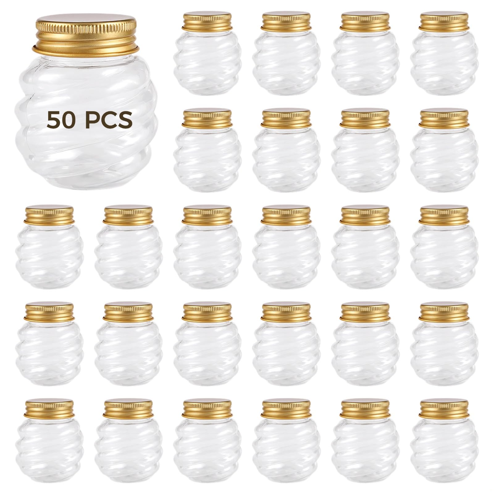 50 mini barattoli per miele, 60 ml, in plastica, con coperchi dorati, motivo a nido d'ape per bomboniere, fai da te, marmellate