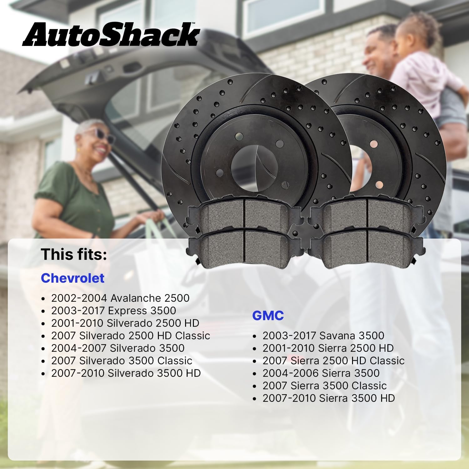 AutoShack Front Vented Drilled & Slotted E-Coated Brake Rotors Black Finish + Premium Ceramic Pads 6-PC Brake Kit Replacement for 2003-2017 Chevrolet Express 3500 NightGuard 12.79" (324.8 mm)