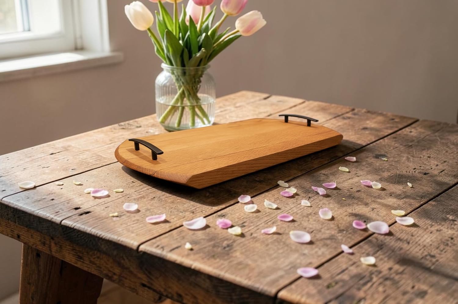 Handmade Oak Bourbon Whiskey Barrel Lid Serving Tray - Rustic Farmhouse- Wedding Gift (Black Handles)