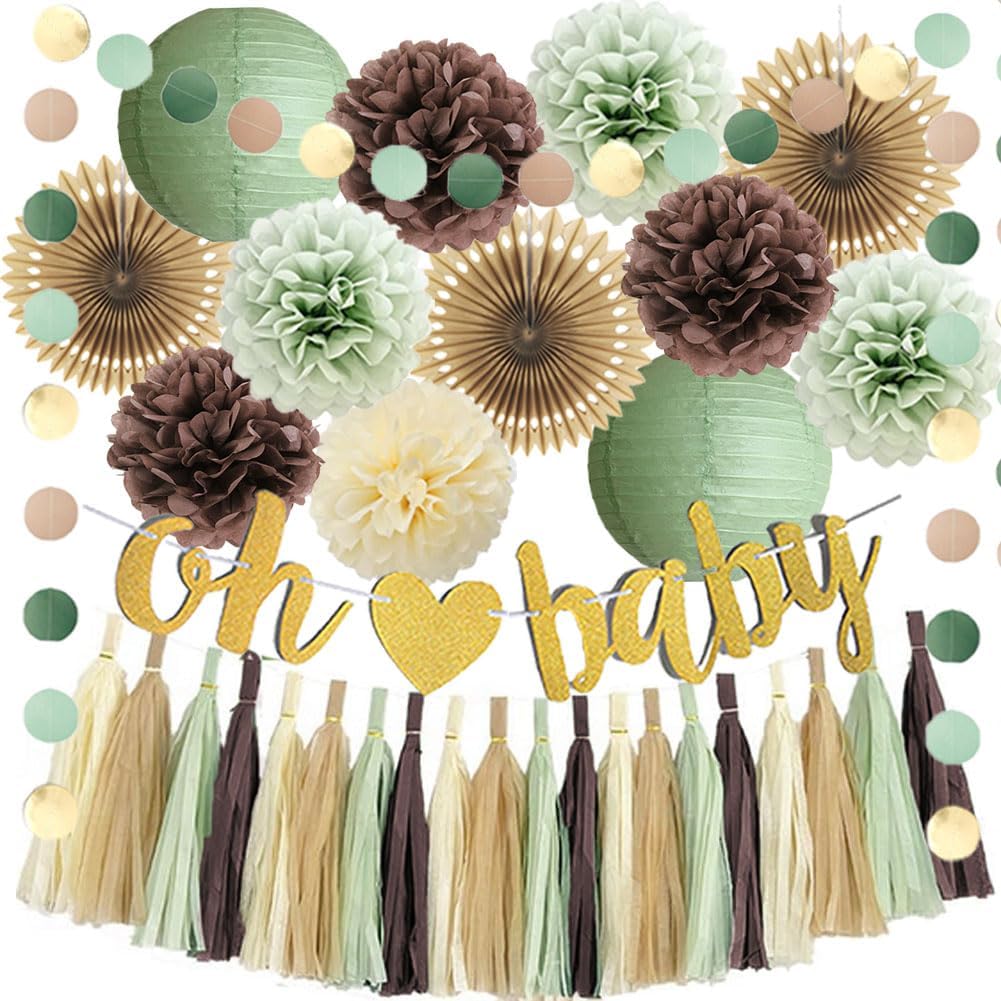 Woodland Baby Shower Decorations Sage Green and Brown Forest Theme Safari Jungle Baby Shower Decorations Gender Reval Party Decor with Beige Sage Green Brown Tassel Garlands