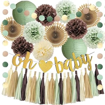 Woodland Baby Shower Decorations Sage Green and Brown Forest Theme Safari Jungle Baby Shower Decorations Gender Reval Party Decor with Beige Sage Green Brown Tassel Garlands
