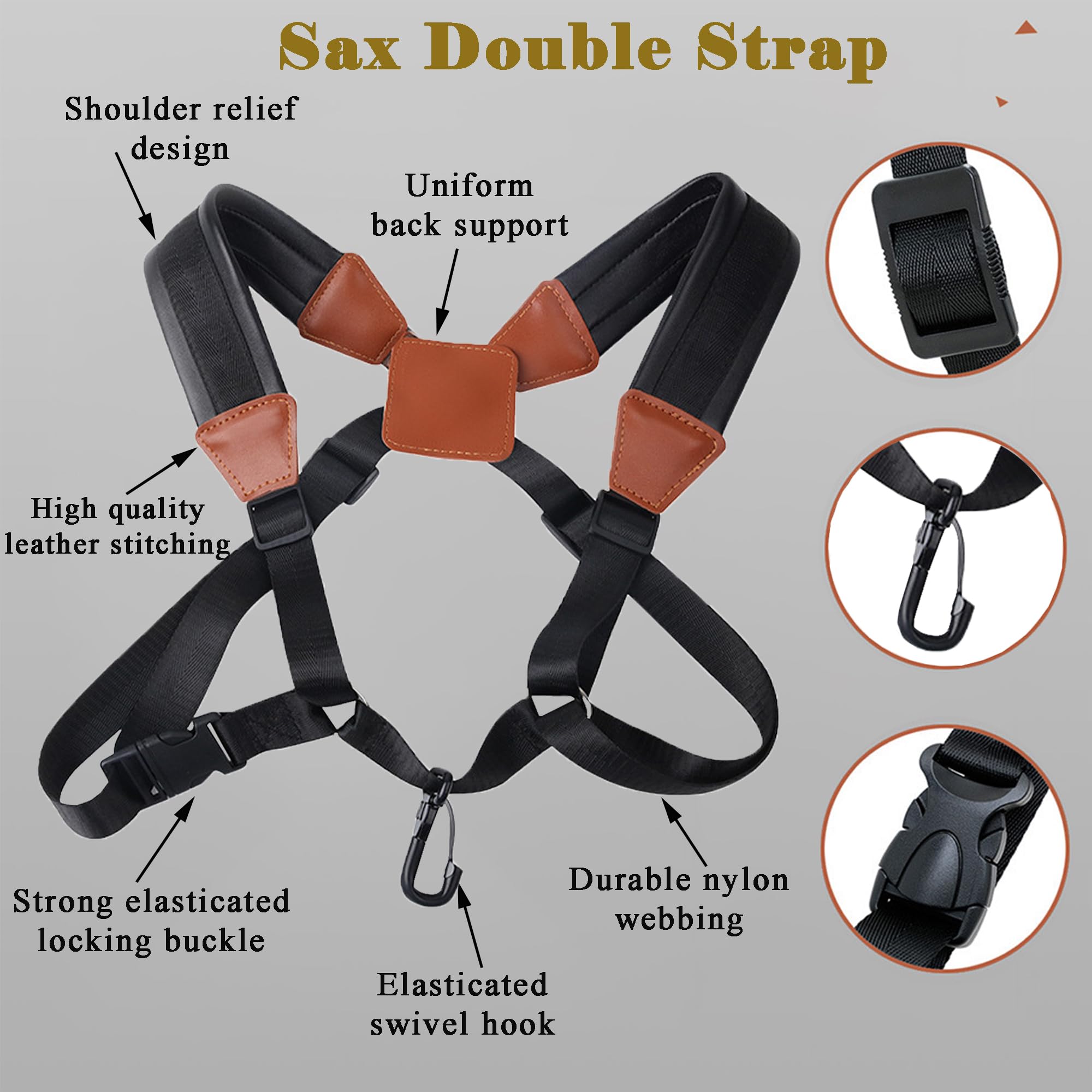 Sassofono Strap, Nero Cinturino per Sassofono In Vera Pelle, Spessore Imbottito Regolabile Sax Neck Strap, Cinturino Universale per Qualsiasi Sassofonista (B)