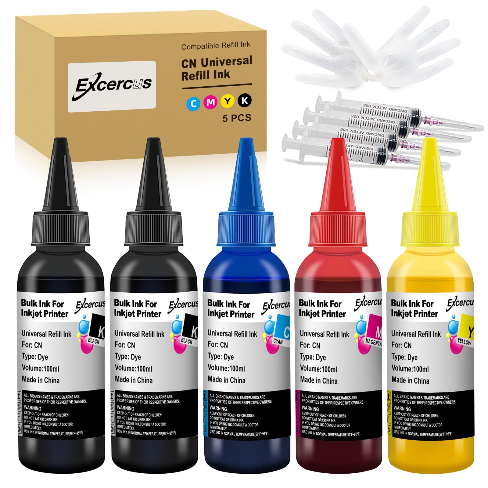 100ml Ink Bottles t Compatible with PG240 280 281 275 276 250 251 270 271 260 261 1200 CL24 Refillable Ink Cartridge CIS CISS System with 4 Syringes(Black, Cyan, Magenta, Yellow, 5PK)