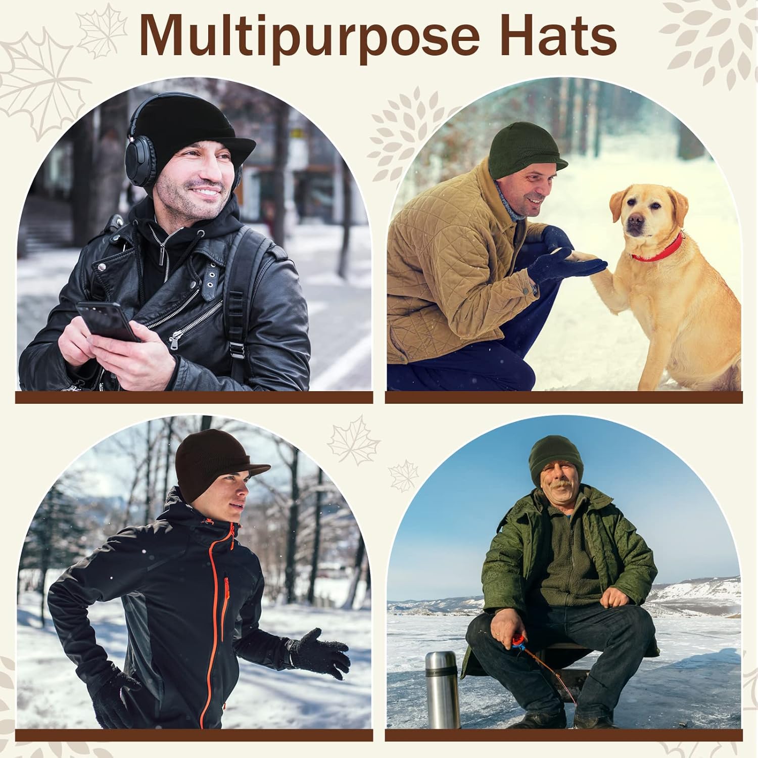 Zhehao 6 Pcs Winter Visor Beanie with Brim Men's Beanie Hat Warm Thick Cap Colorful Brim Hats Double Knitted Cap - Image 4