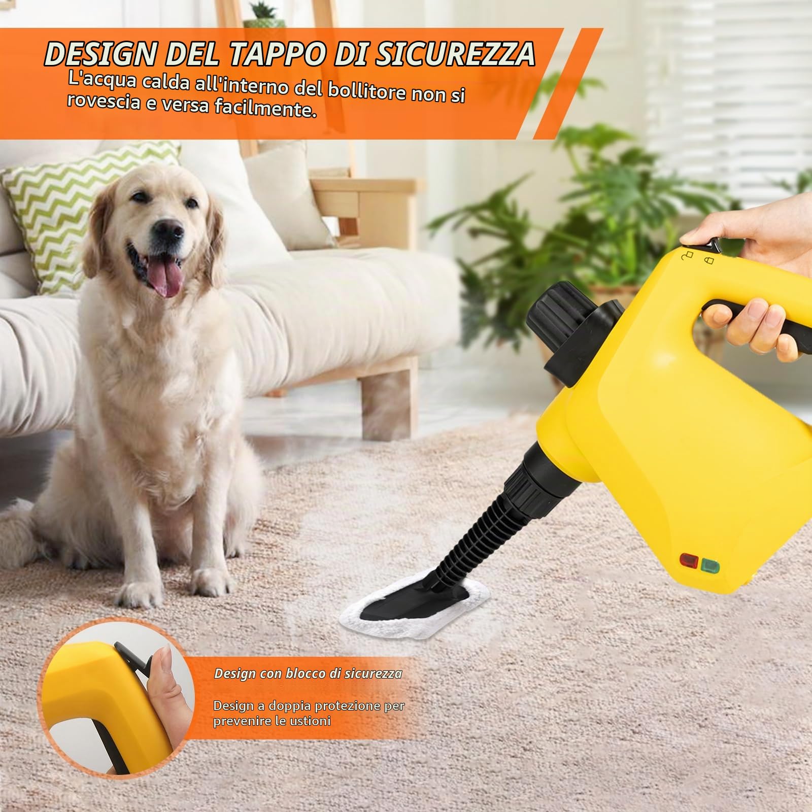Carehabi Pulitore a Vapore Pulitore Vapore Casa Con 9 Accessori e Blocco Di Sicurezza per Rimuovere le Macchi da Pavimena, Moquette, Tende, Seggiolini Auto, Cucina, Cimici, Bagni e Altro