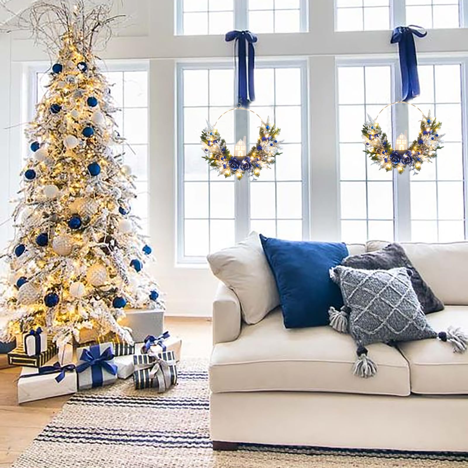 Prelit Blue Silver Christmas Hoop Wreath With Lighted House