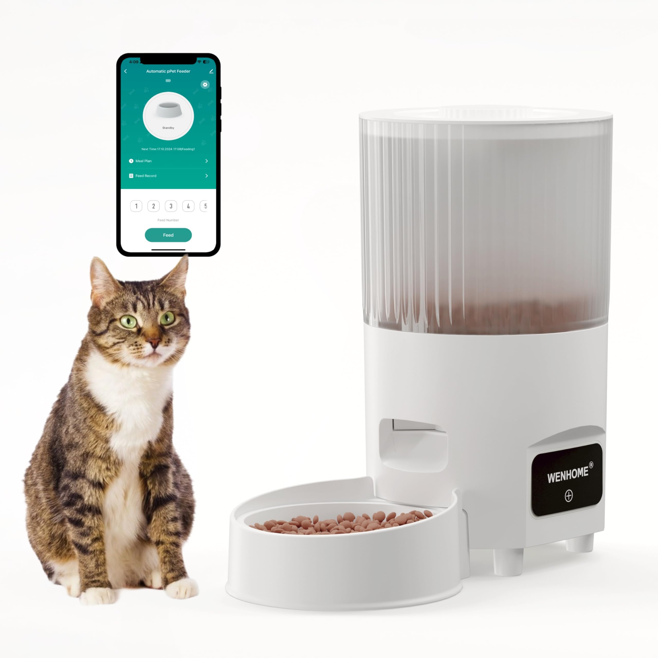 Wenhome WiFi Automatic Cat Feeder - 3L Dry Food Dispenser With App Control, 10 Daily Meals, Anti-Clog System, Low Food Alert, Dual Power