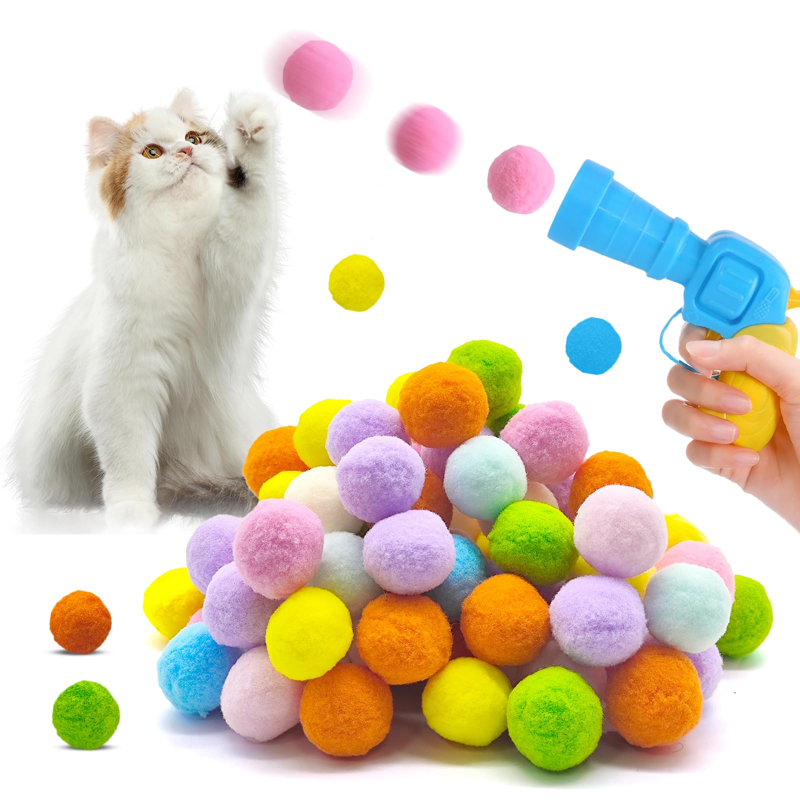 XQMMGO Cat Toy Ball Launcher with 100 Pieces Cat Felt Balls, Interactive Cat Toy, Cat Toy Ball, Safe for Indoor Use
