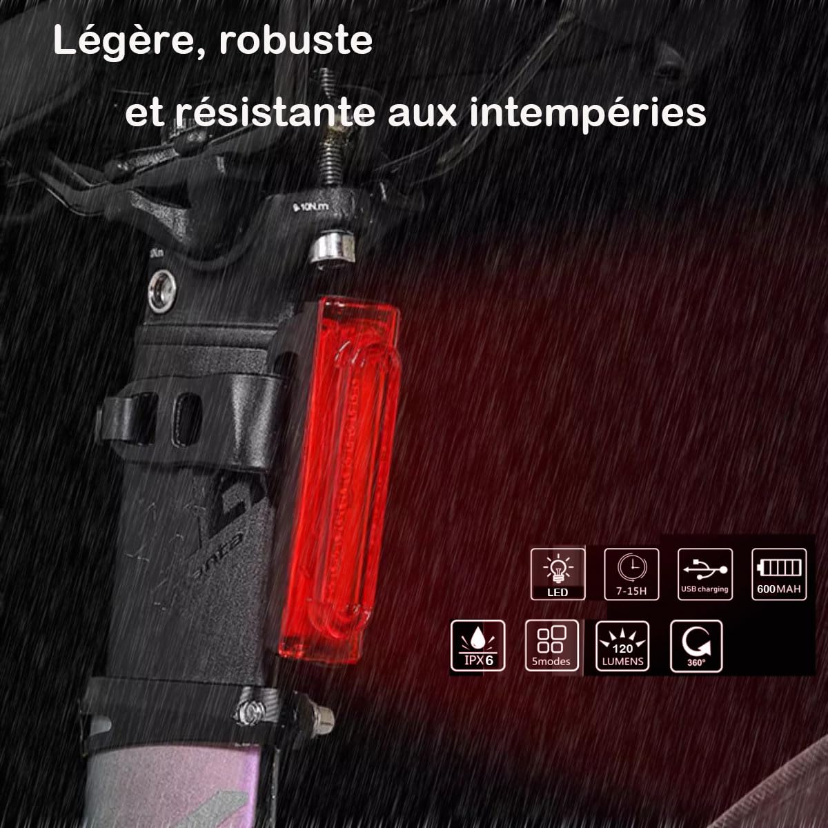 Lampe LED Vélo Arrière Rechargeable USB 120lm IPX6 5 Modes