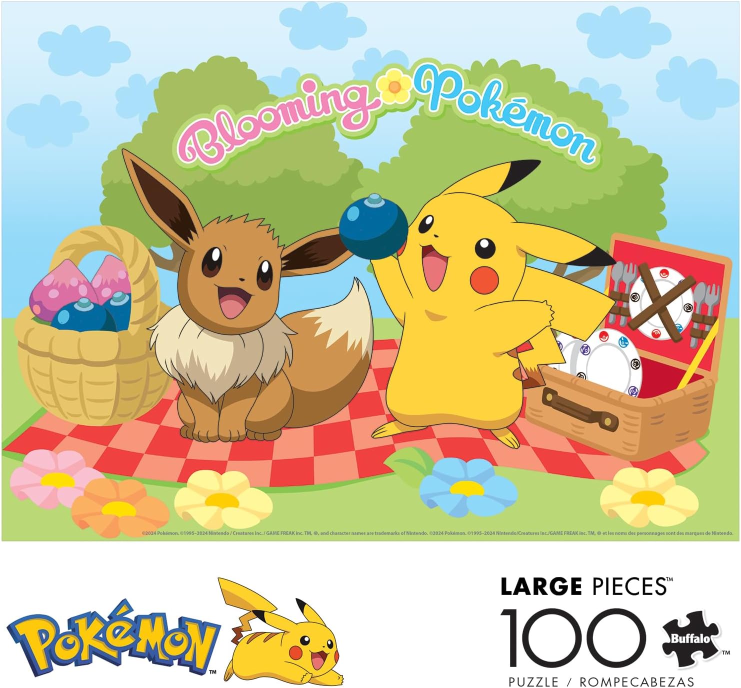 Buffalo Games - Pokemon - Blooming Pokemon (Pikachu and Eevee) - 100 Piece Jigsaw Puzzle for Families -Challenging Puzzle Perfect for Game Nights - Finished Size is 15.00 x 11.00