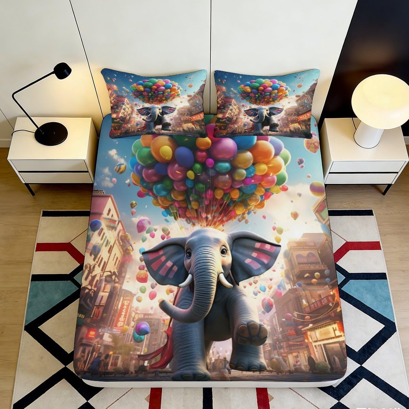 Pnayamiorkfel Style-10 3D Printed Colorful Elephant Balloons Fitted Sheet Microfiber Non-Slip Mattress Cover For Bedroom Dorm Decoration 90X200x25cm