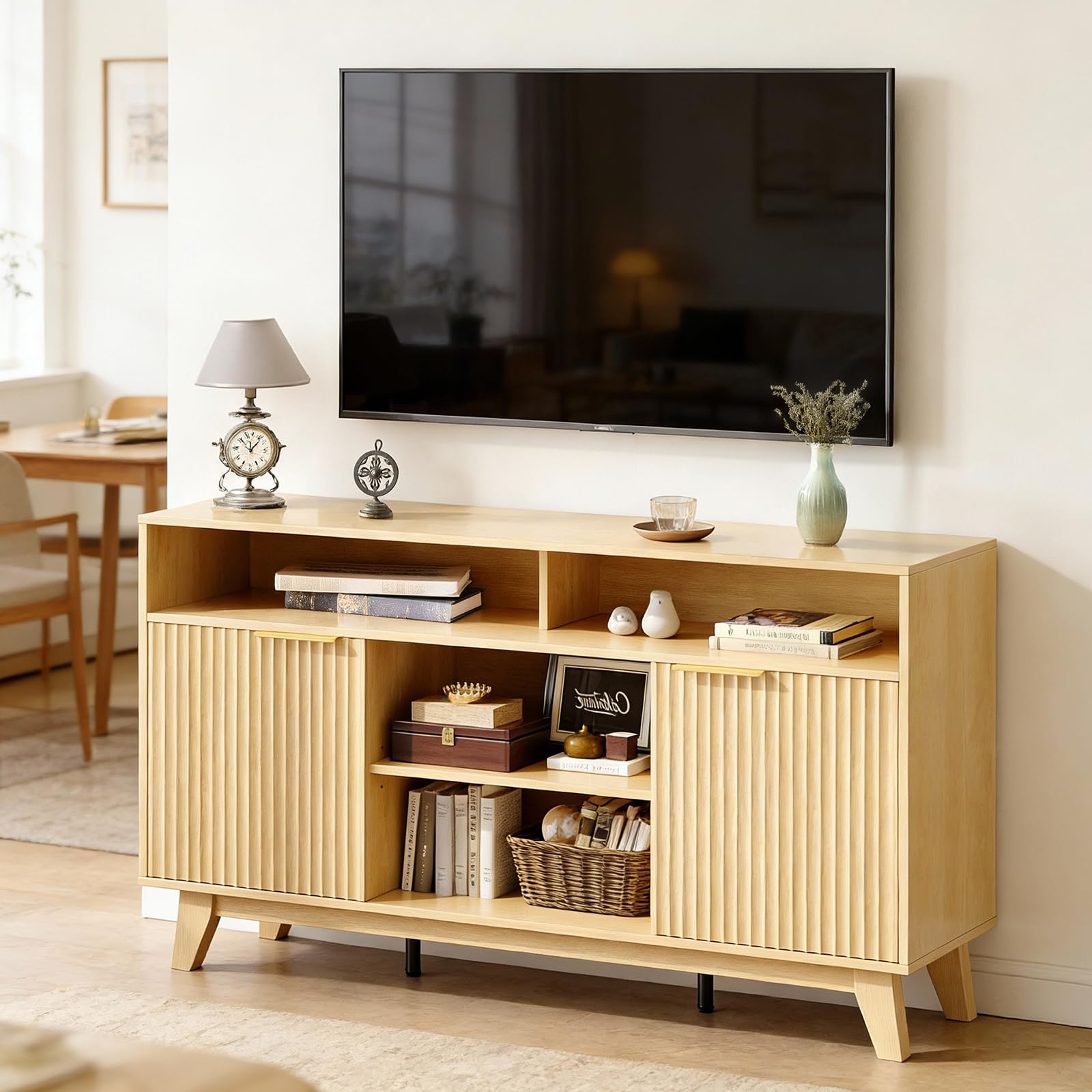 VINGLI Boho Fluted TV Stand in Oak, front view with decor