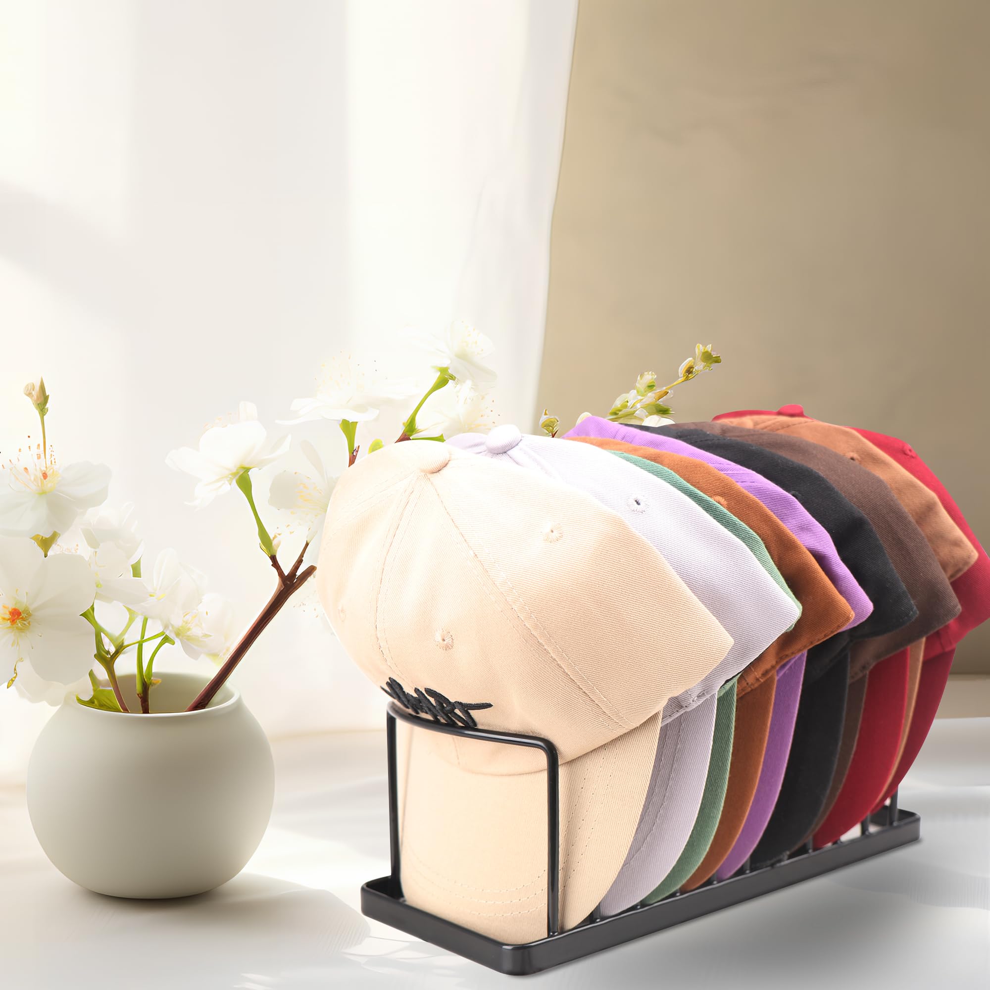Organiseur De Casquettes Pour 10 Chapeaux - Support En Métal Et Bois - Présentoir Pour Bureau, Étagère, Placard