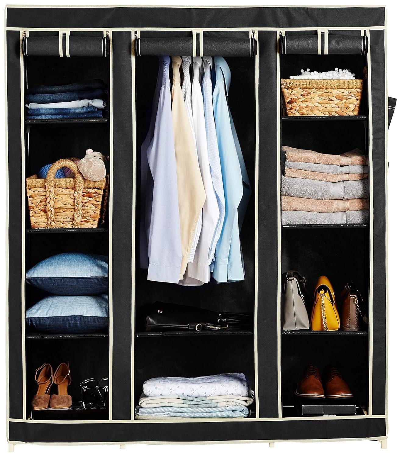 OBBO Portable 3-Door Foldable Wardrobe Closet – Fabric Plastic Iron Storage Organizer with Hanging Rod & 10 Racks | Lightweight & Space-Saving Storage Solution | 162 x 44 x 138 cm – Black