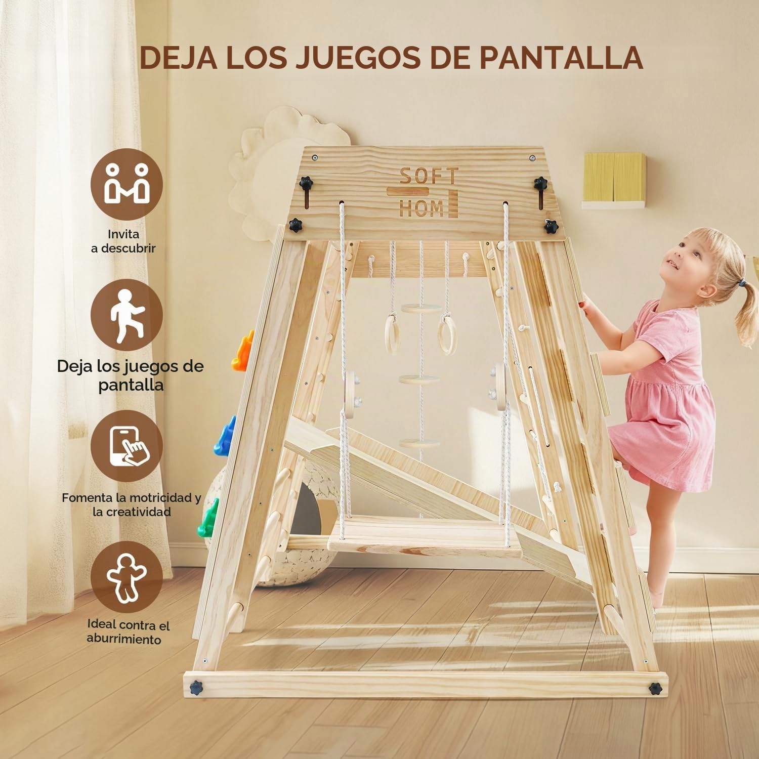 Maxi Estructura de Escalada de interior, 10 en 1 Multifuncional Estructura de Escalada para Niños, Montessori Parque infantil cubierto, Monopatín, Balancearse, Red de Escalada/Muro de Escalada