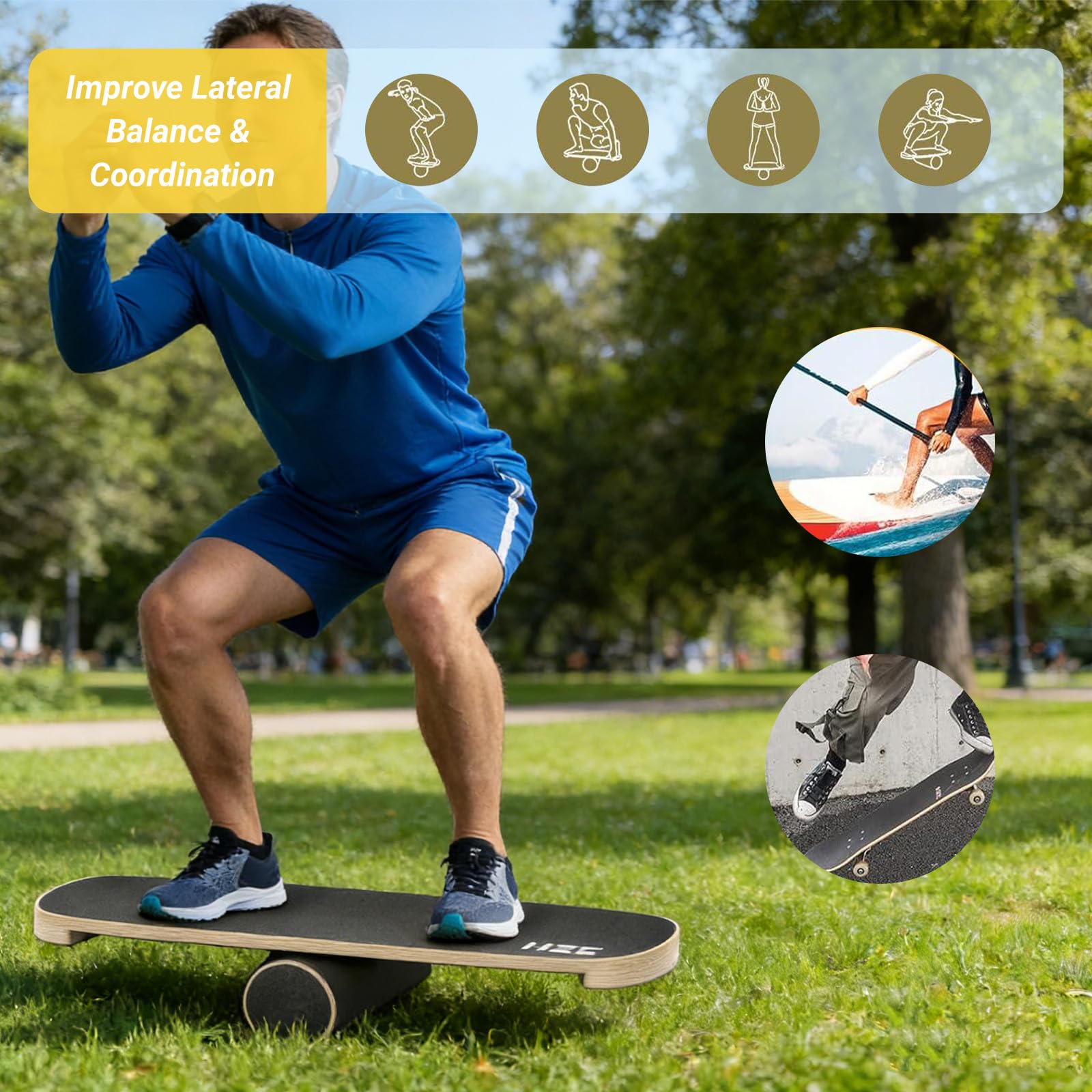 Balance Board Roller Holz, Trainer Rollbrett Balance Trainingsbrett, Surfin BalanceBoard Rutschfest Gleichgewichtstrainer für Einsteiger&Profis, Körperkontrolle Exerciser Schwarz
