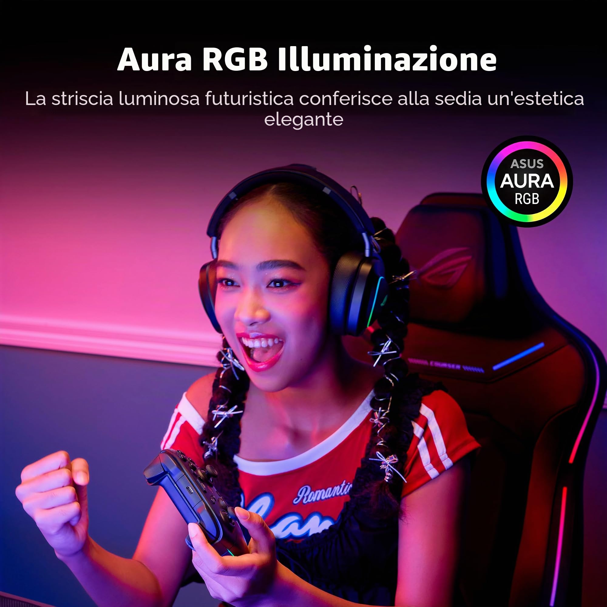 ASUS ROG COURSER, Sedia Gaming Ergonomica, Supporto Lombare, Nera | Braccioli 4D Girevoli, Poggiatesta Magnetico, Ampia Seduta da 55cm, Illuminazione RGB, Peso Massimo Supportato 136kg
