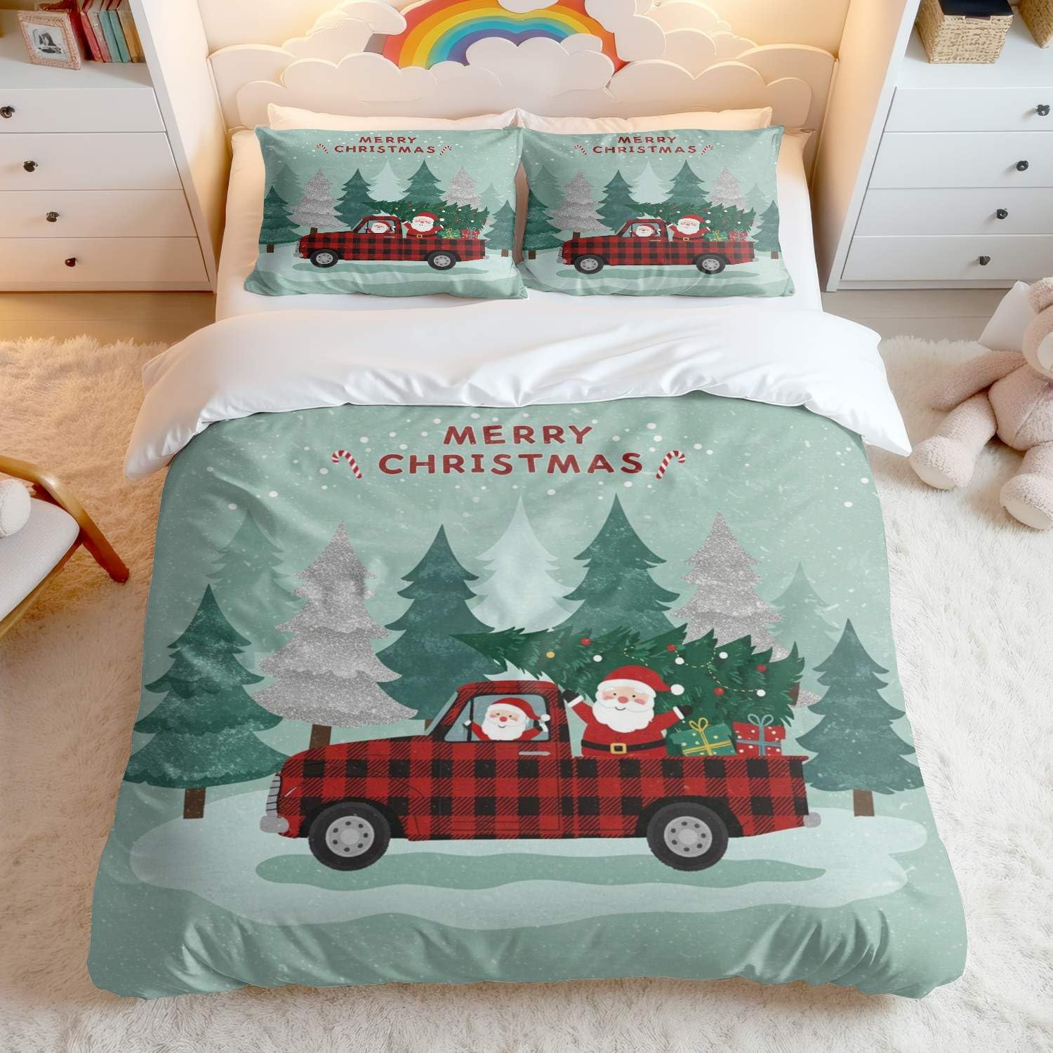 Housse de couette Père Noël lit simple avec drap et taies 50 x 75 cm