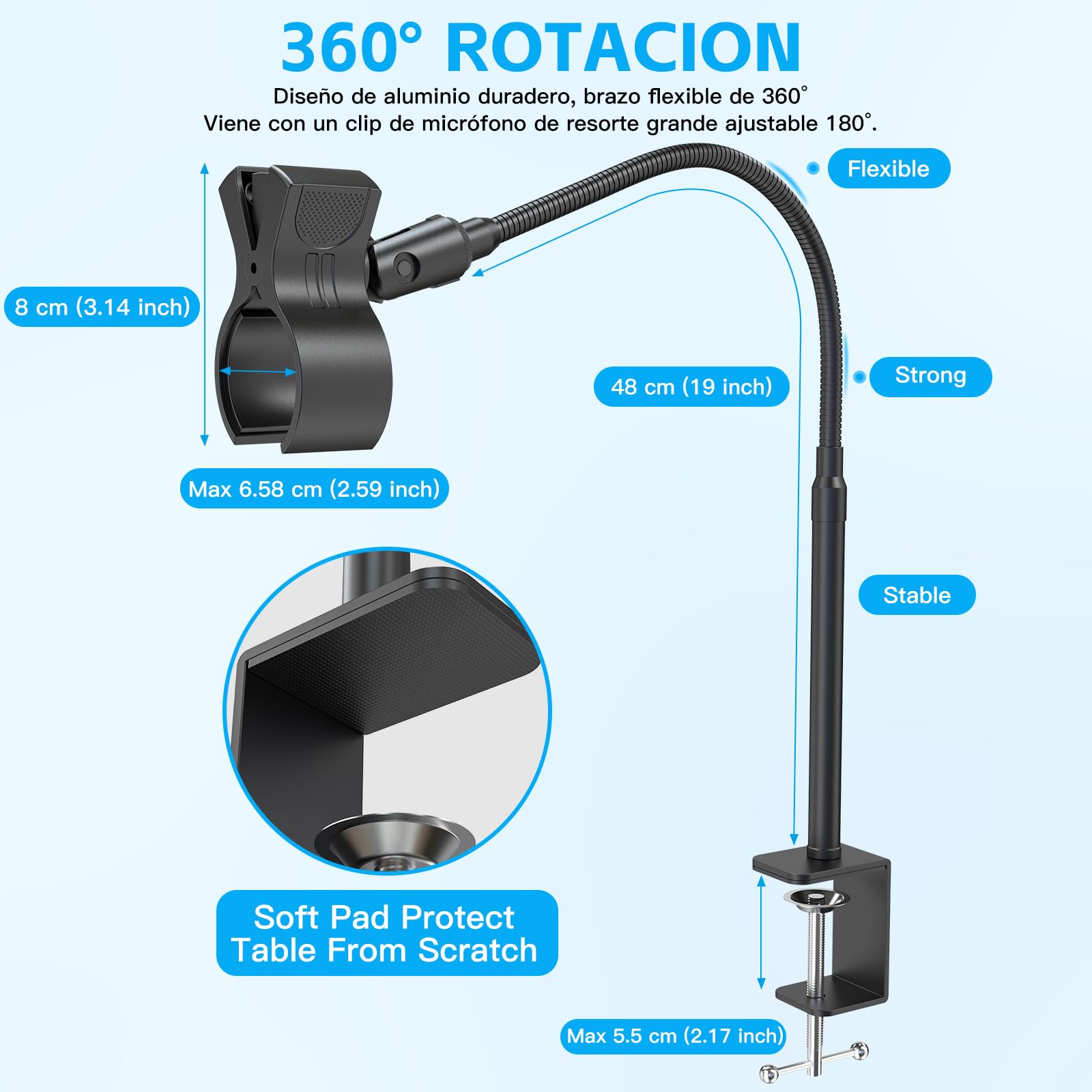 ZealSound Soporte de Micrófono, Pie de Microfono de Escritorio con Cuello de Cisne,Totalmente ajustable 360 ° Giratorio 90 ° Plegable, Adaptador de Tornillo de 3/8" a 5/8" para Blue Yeti y más