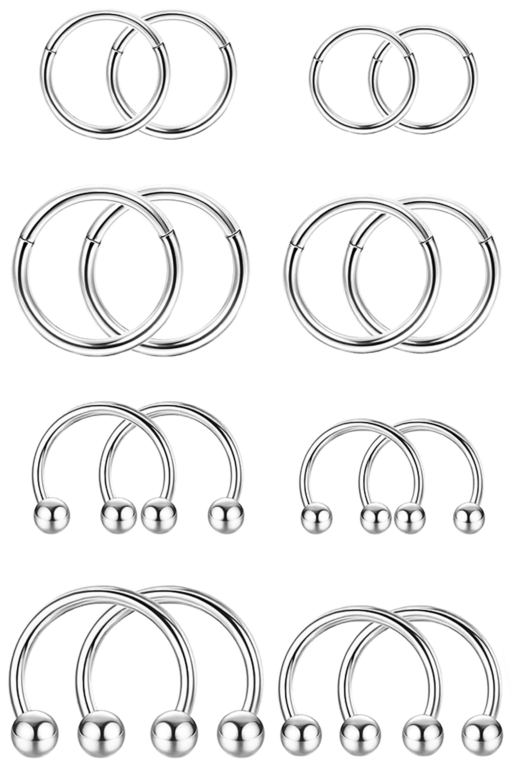JeweBella 16 Piezas Aro Piercing Nariz Acero Quirúrgico Cartílago Segmento Clicker Anillos 6-12 mm