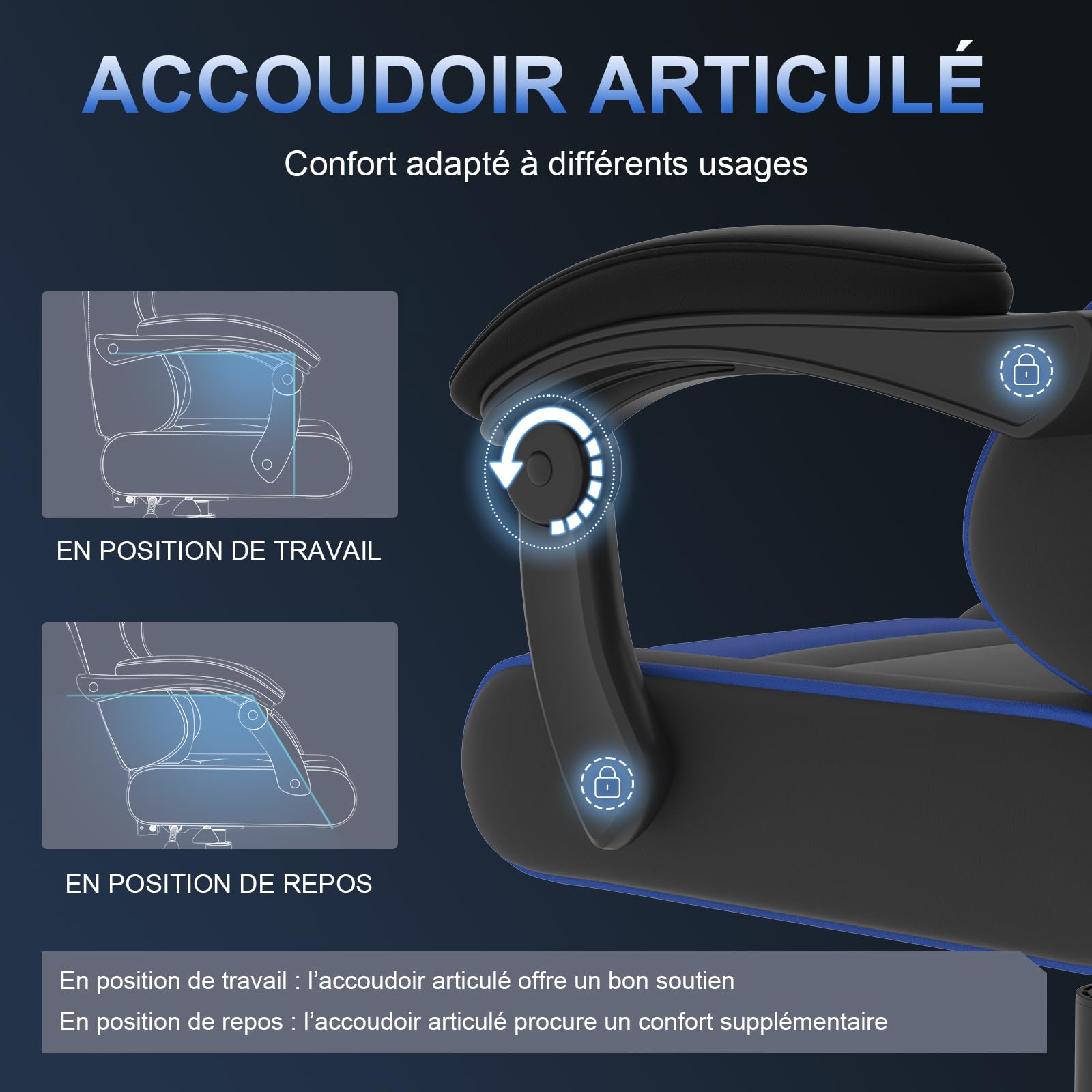 JUMMICO Chaise Gaming avec Massage Lombaire, Chaise Bureau Ergonomique avec Dossier Inclinable, Fauteuil Gaming avec Assise Douce et Résistante, Idéale pour Jeux et Boulot, Bleu